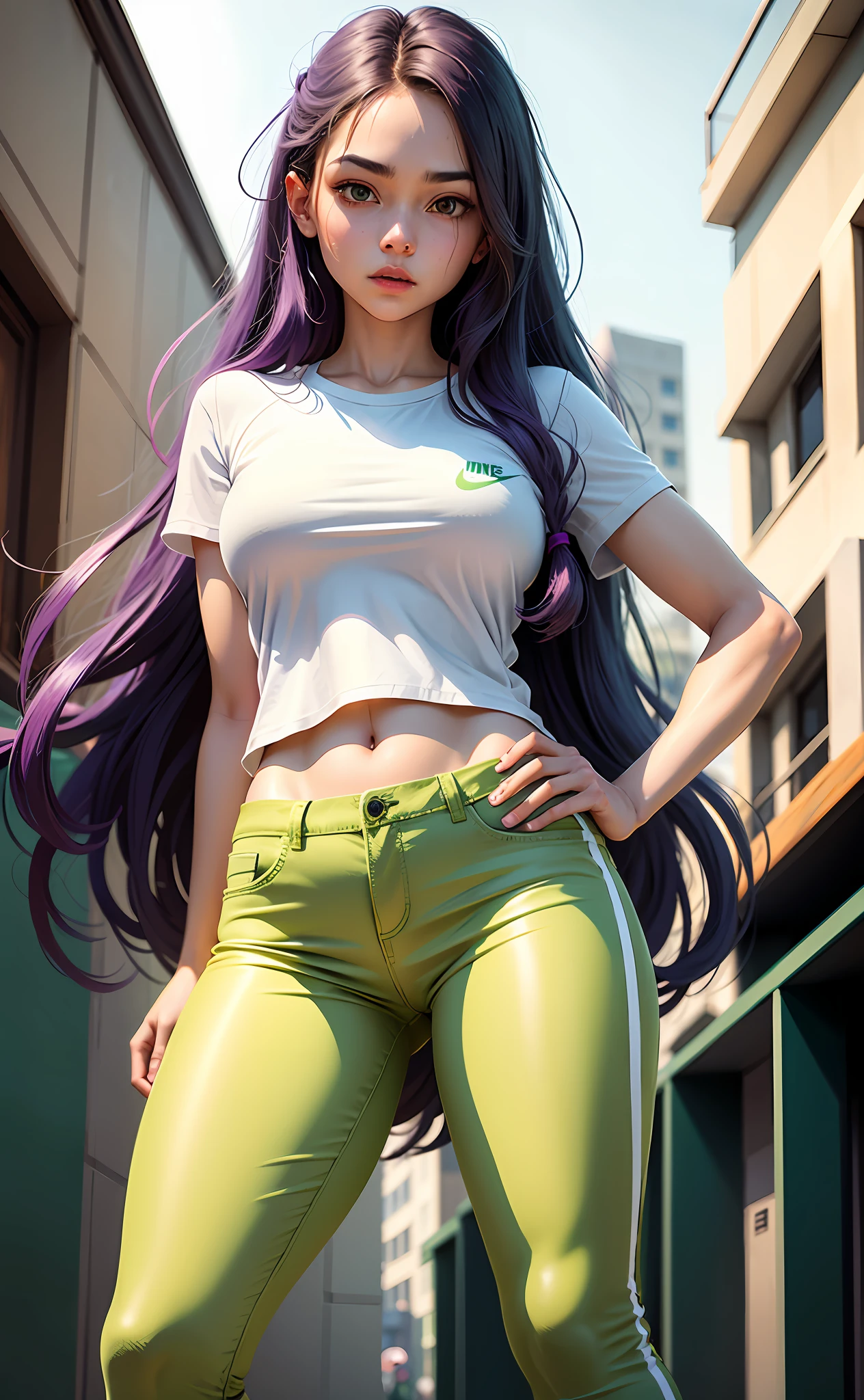 1girl, she wearing white shirt and green pants, casual clothes, wearing green nike sneakers, 22 years old, scary face, adult face, 4k style, realistic, crowded, purple long hair