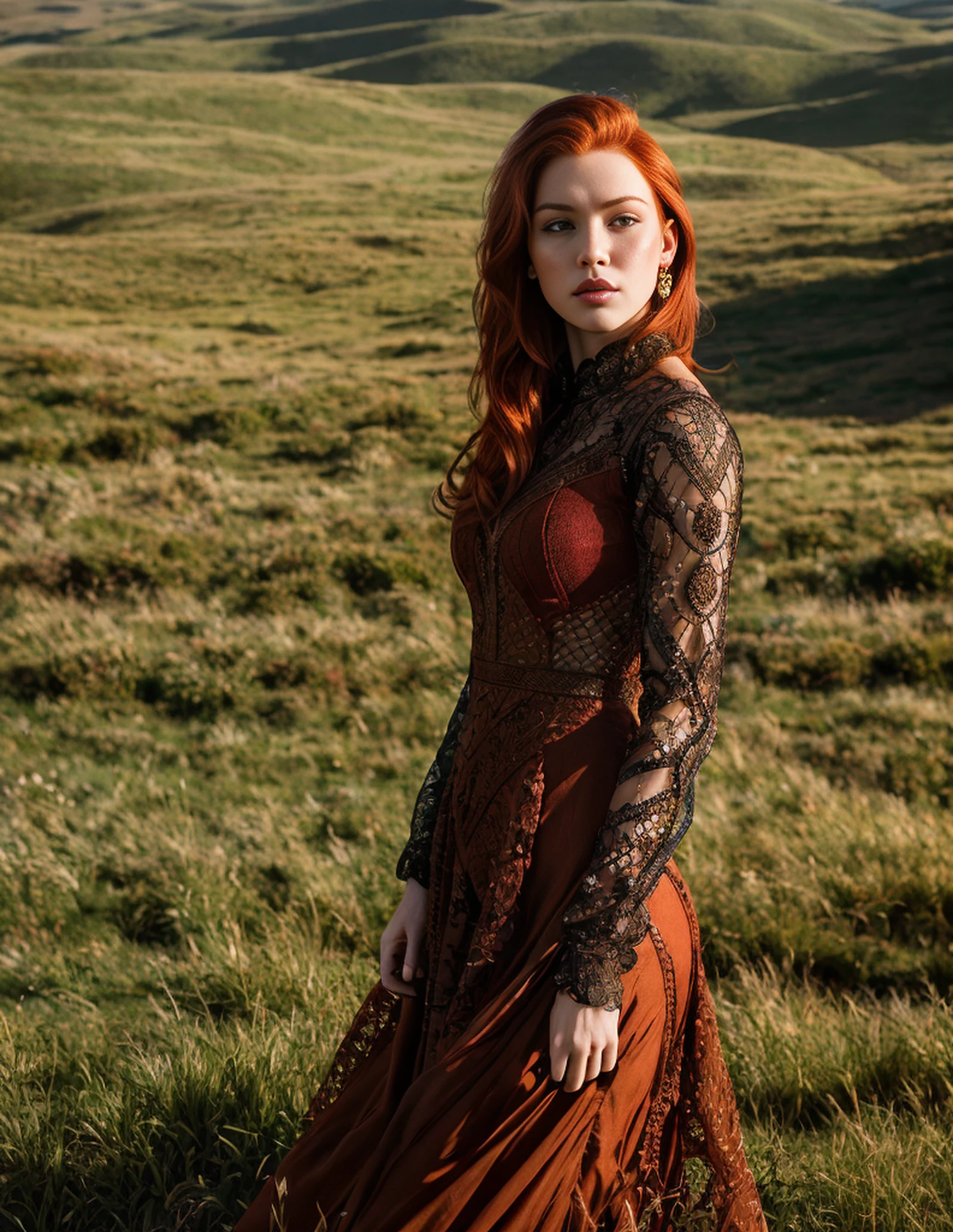 Masterpiece, (((redhead in intricate dress standing on grass ))) soft lighting, colors, very detailed, dramatic lighting, digital art trending on Artstation 8k HD high definition detailed realistic, detailed, skin texture, hyper detailed, realistic skin texture, armature, best quality, ultra high res, (photorealistic:1.4), high resolution, detailed, raw photo, sharp re, nikon d850 film stock photograph 4 kodak portra 400 camera f1.6 lens rich colors hyper realistic lifelike texture dramatic lighting unrealengine trending on artstation cinestill 800, (((accurate female anatomy, perfect eyes))) (((500px, fstoppers, photosight.ru, metart, iso noise))) (((SFW clothes)))