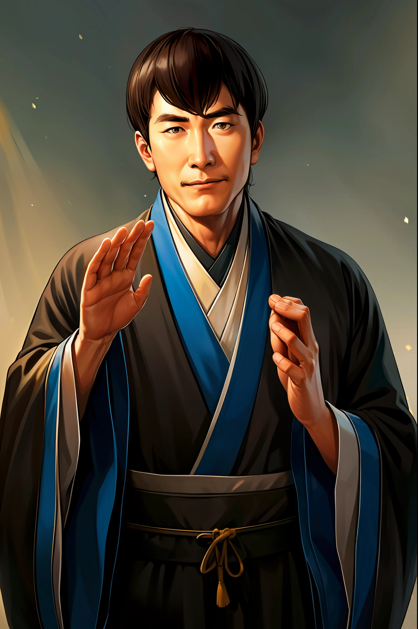 (4k image), (masterpiece:1.1), Japanese man, soft eyes, looking at the viewer, harmonic face, no beard, short hair, no mustache, beautiful Japanese clothes, elderly, alone, open right hand raised towards the viewer.