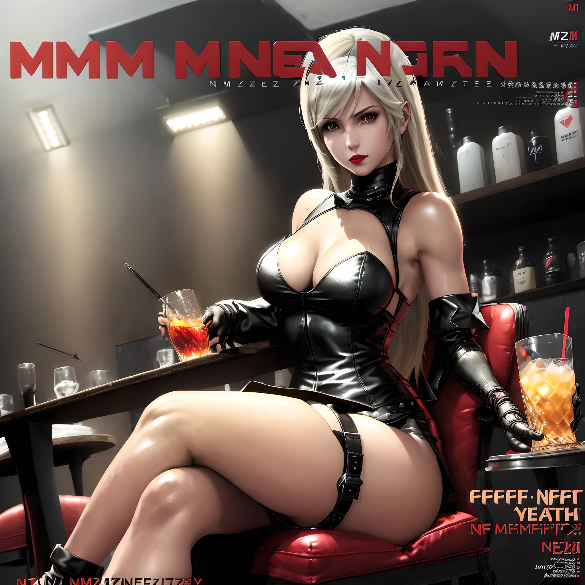 (magazine cover:1.7),Nier Automata, Final Fantasy 7 Remake, Final Fantasy XVI , A woman like Tifa or 2B wearing a red dress and red lipstick, red lips , red dress, Artstation , pixiv, deviantart , aesthetic , beautiful , highly detailed , original work , master piece , extreme details , classy , formal , sitting , legs crossed , holding a drink , upper class bar, the back ground must be under water with fish in the glass , similar to an aquarium , aquatic life , see animals , sea plants, HDR, OLED ,Wallpaper , Headline , Front cover , Crimson Red , Candy Apple Red , reflections, (nfsw:1.8)