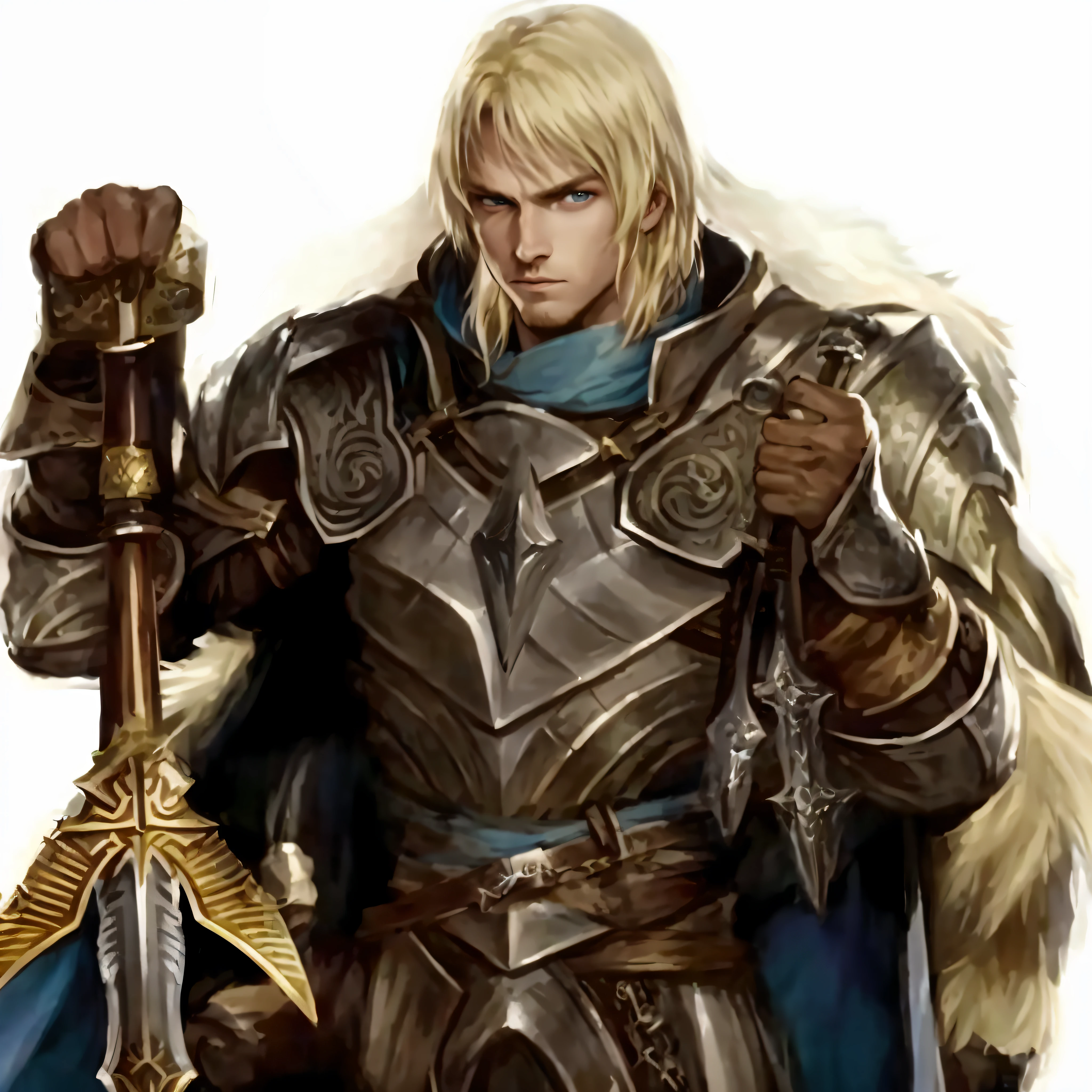 A closeup of a men holding a sword and a sword, male blond human, aasimar paladin, blonde male warrior, image of a male cleric, fantasy paladin, aasimar art, hdr, photographic, 8k, masterpiece, fantasy art, hyperrealism, character modeling, sorcerer, detailed, character design, dungeons and dragons, hyperrealism, hunky, colorful, photographic, nvdia ray tracing, hdr, 8k, curse of sthard