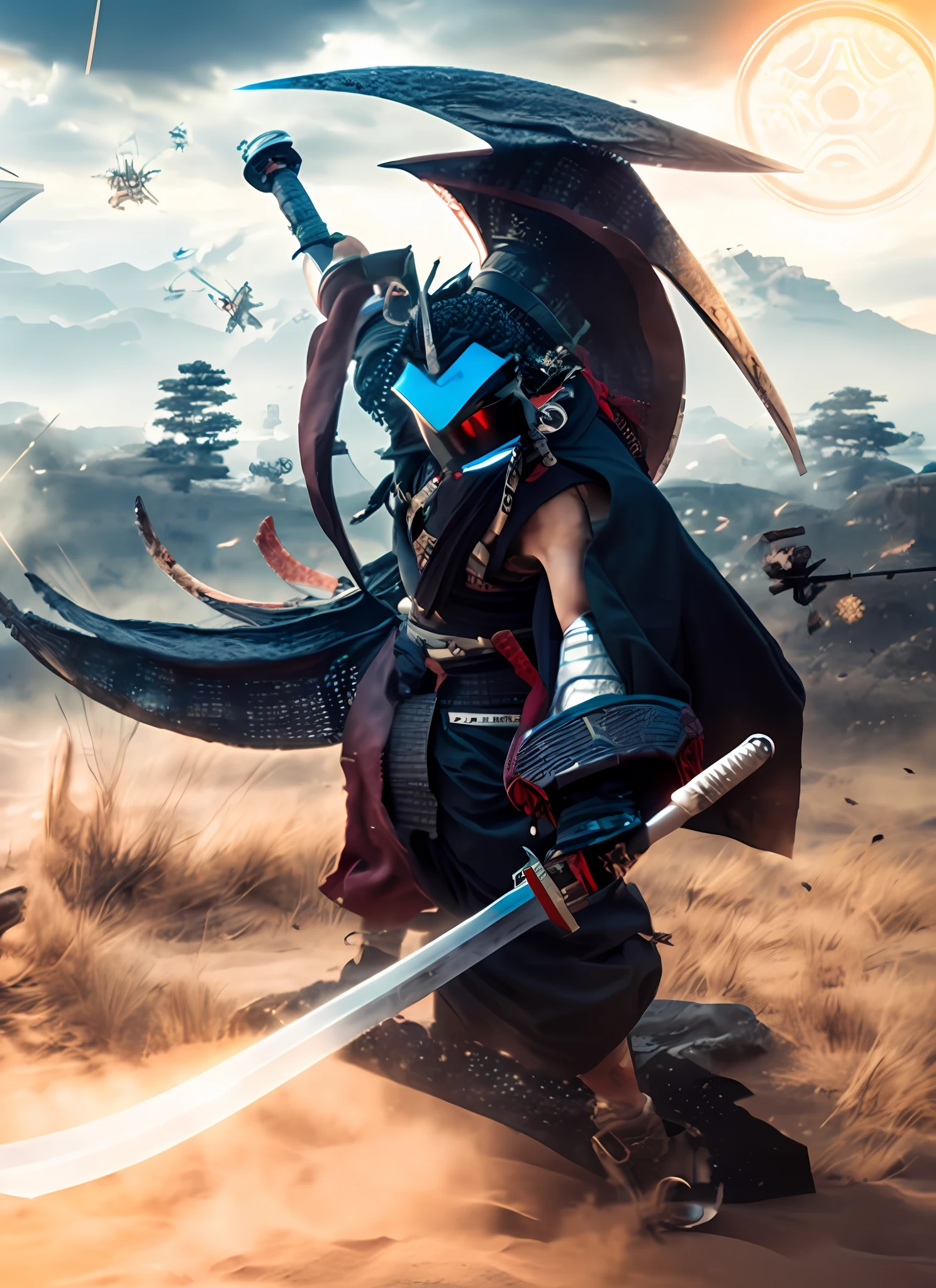 a man in armor holding a sword in a desert, badass anime 8 k, very beautiful cyberpunk samurai, cyberpunk samurai, cyborg samurai, inspired by Kanō Hōgai, epic samurai warrrior, portrait of a cyberpunk samurai, samurai warrior, demon samurai warrior, samurai style, fantasy style 8 k octane render, demon samurai, (octane render) fantasy style