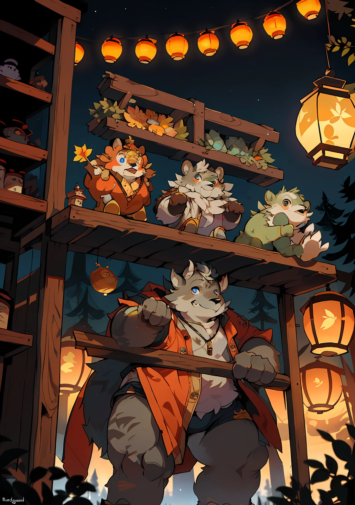 (At night), a little bear orc is playing the festival, the little bear orc is only wearing a yellow-blue vest and an orange shorts, the bear orc is fatter, with white fur and blue eyes, there is a barbecue stall on the left of the bear orc, with chicken wings ham and lamb on it, there is also a row of lanterns on the barbecue stall, the barbecue stall is a tiger orc, the tiger orc has yellow fur, wearing a pair of black shorts, the bear orc has a wooden frame on the left, there are various wooden signs for blessings on the wooden frame, and there are also several shelves next to the wooden frame, It is full of lanterns, and in the distance behind the little bear orcs is a lake, and there are many Kong Ming lanterns in the sky