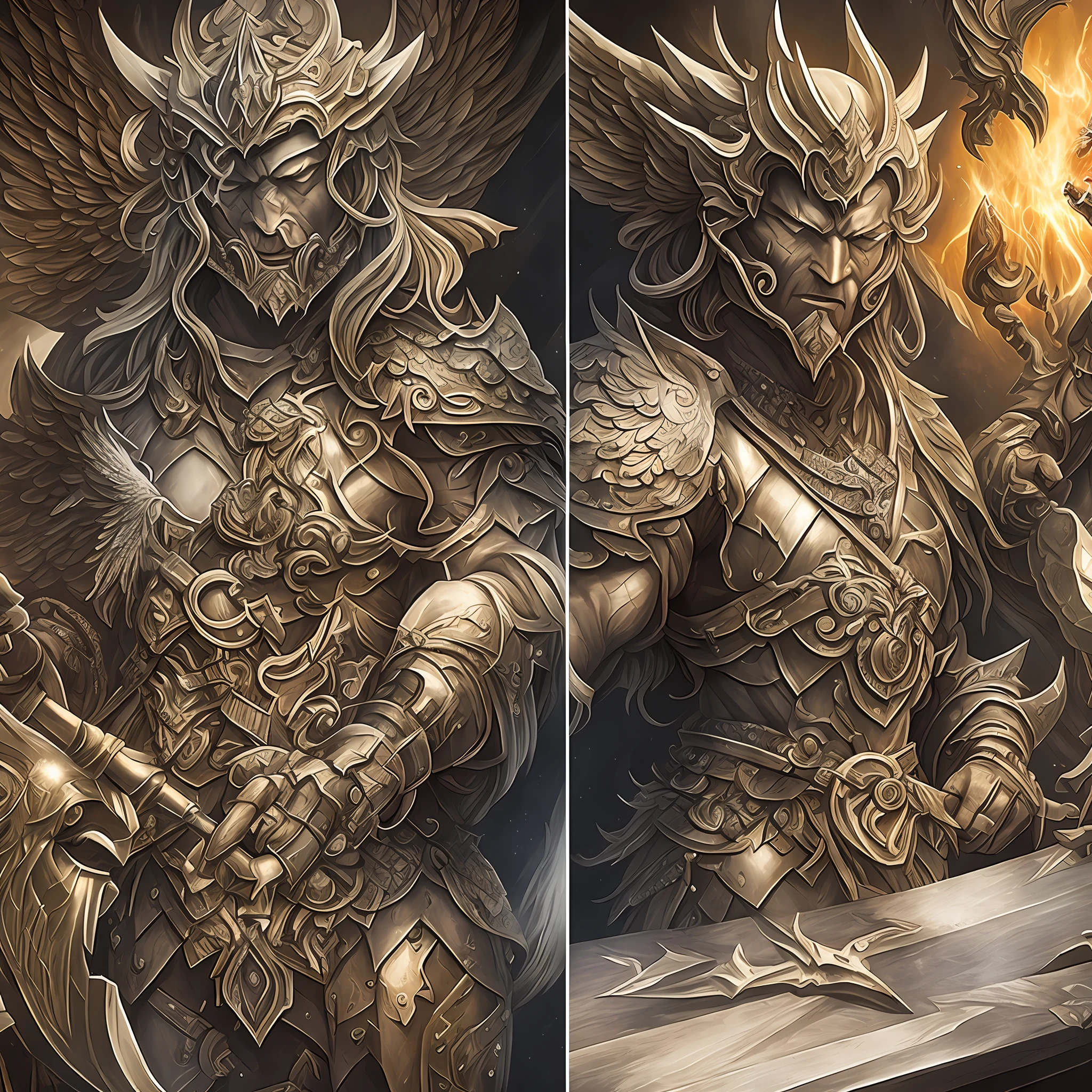 An angel and a blacksmith demon, side by side, making their primordial weapon, details, extremely detailed, be magical, be fanciful. --auto --s2