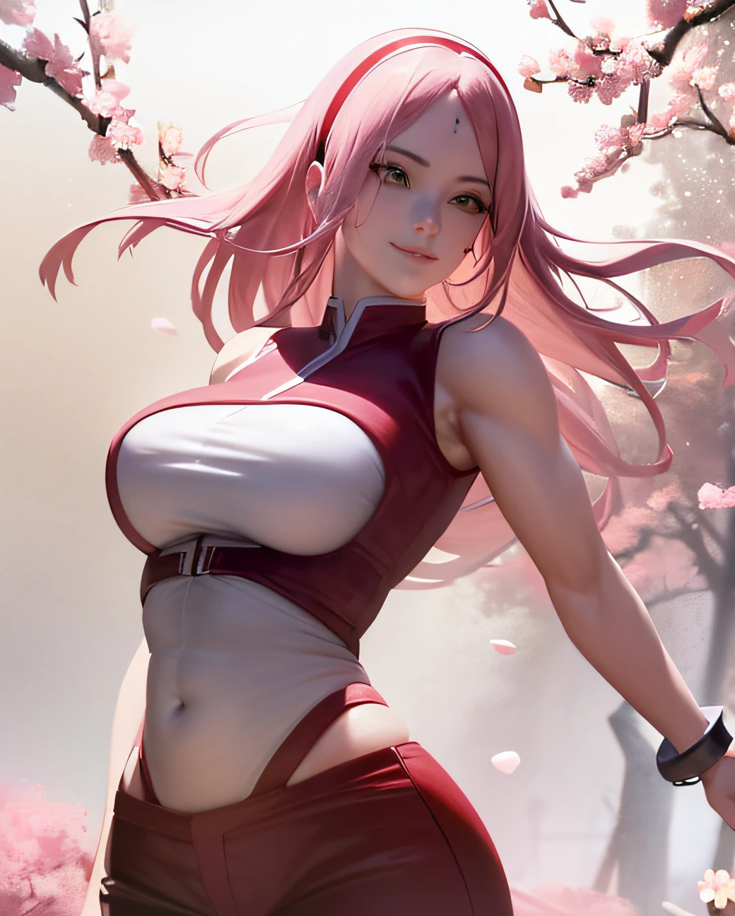 Realistic, Photorealistic,cowboy shot,masterpiece, absurdres ,1girl, haruno sakura, forehead mark, red hairband, red sleeveless dress, white pants, navel, groin, bracelet, looking at viewer, smile, cherry blossoms, private garden, wind, floating hair, large breast ,(((wide hips))), toned body, detailed eyes,