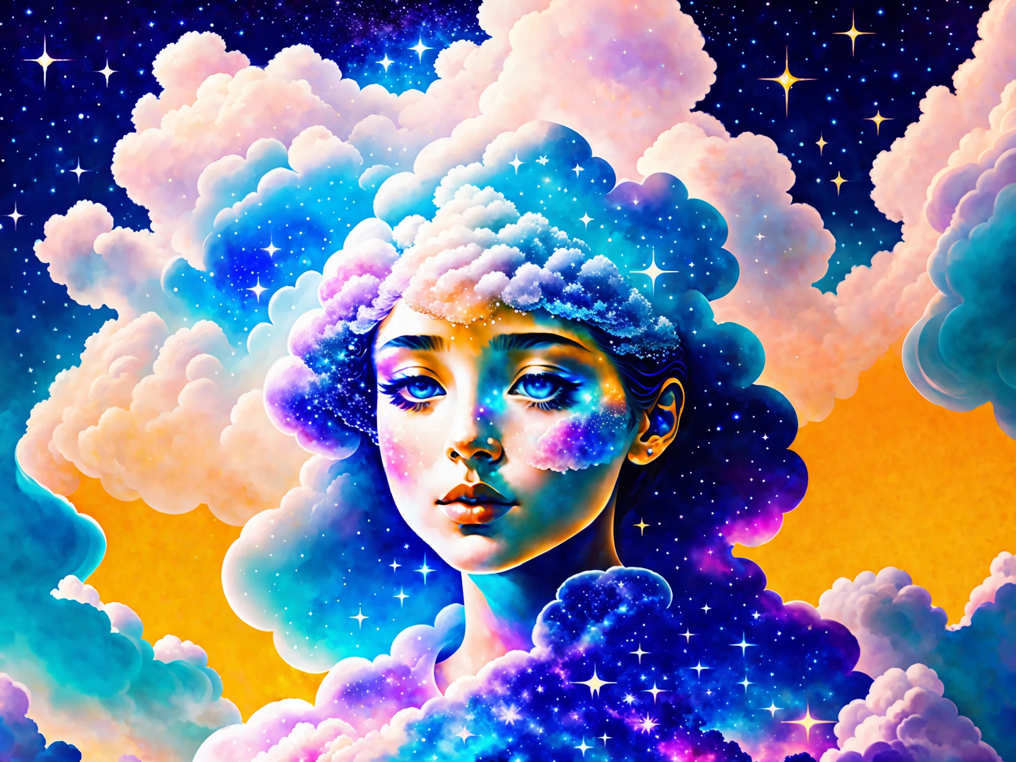 brain made of clouds, woman made of clouds, brain of clouds, cloud body, background of stars, incredibly beautiful, masterpiece, detailed background, (full body portrait: 1.1), celestial background, ultra high quality model, ethereal background, abstract beauty, explosive volume, oil painting, heavy strokes, ink drip, volumetric clouds, iridescent stars, sunset