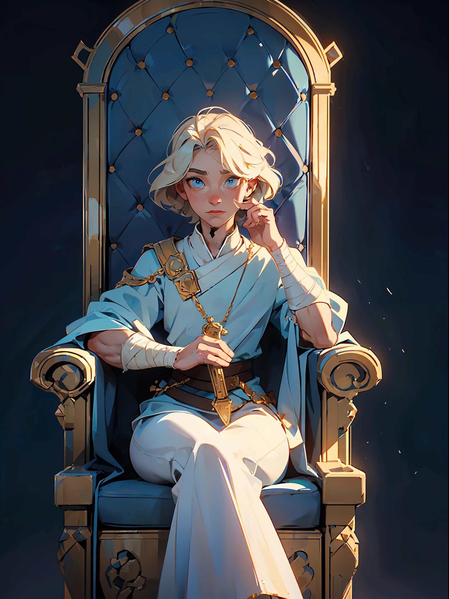 ((best quality, masterpiece:1.3)), 1 man, boy, alone, a young sick king, Gavin Casalegno, blond, short wavy hair, blue eyes, baroque, light-colored dress, tunic, medieval, sitting on throne, full throne room, bandages, bandaged hands, wounds on the face, scars, burns, blue flags, blue carpet, blue carpet., baroque, Renaissance, film grain, wide shot, ccurate, high quality