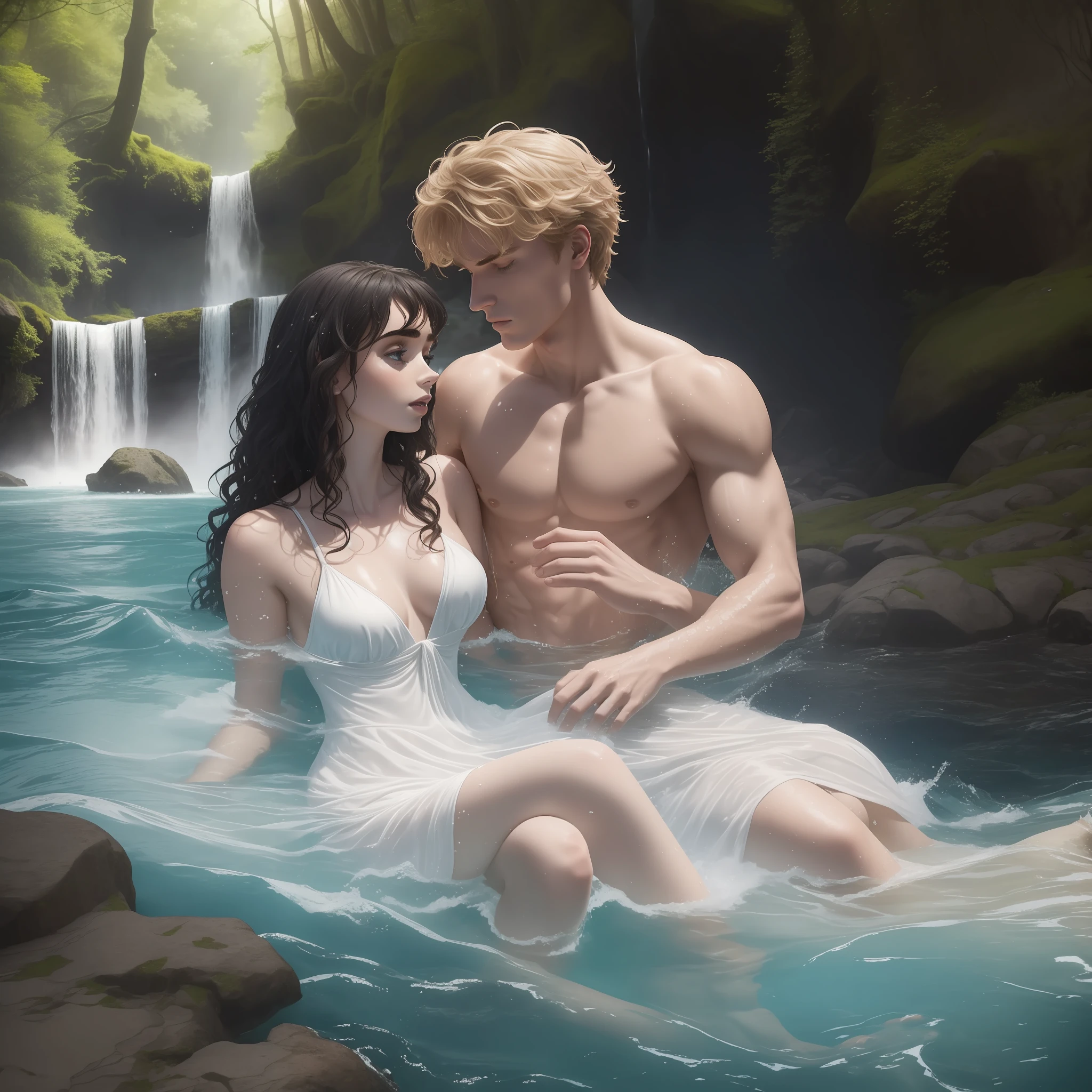 A couple bathing in a large river together, half the body submerged; the woman is Lily Collins with black curly hair, simple medieval white dress; and the man is Neels Visser blond-haired, shirtless; The two are swimming together in a river with waterfall and water is crystal clear, has a forest around, the image is extraordinary and very detailed.