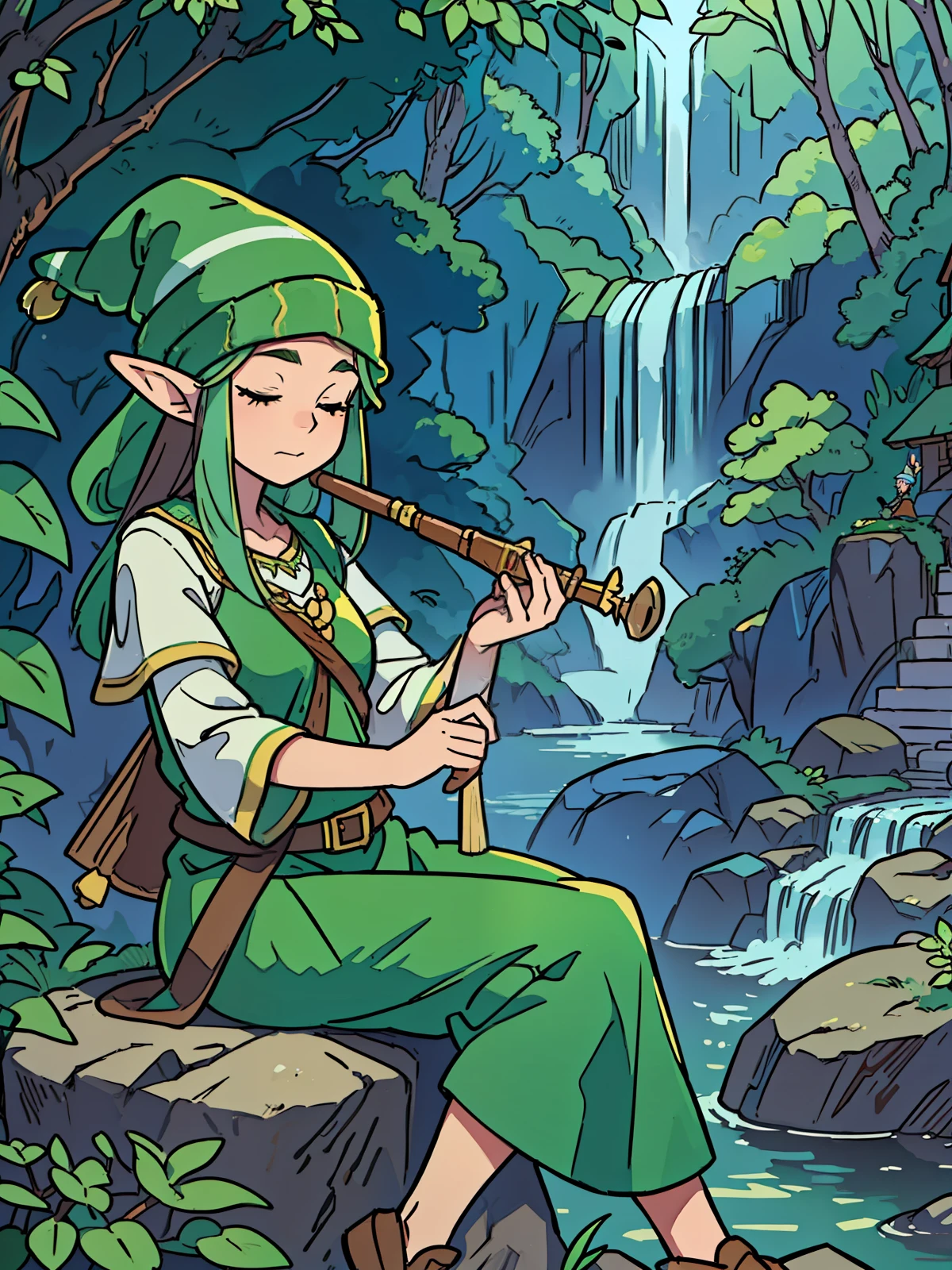 (elves) (playing flute) (sitting on a rock) (eyes closed) (serious facial expression) ( magical forest background with a waterfall) (wearing a beanie) (detailed illustration) (masterpiece: 1.3) (best quality) (8k) (extreme quality rendering) (light and shadows) (2 elves in the background watching the elf playing the flute)