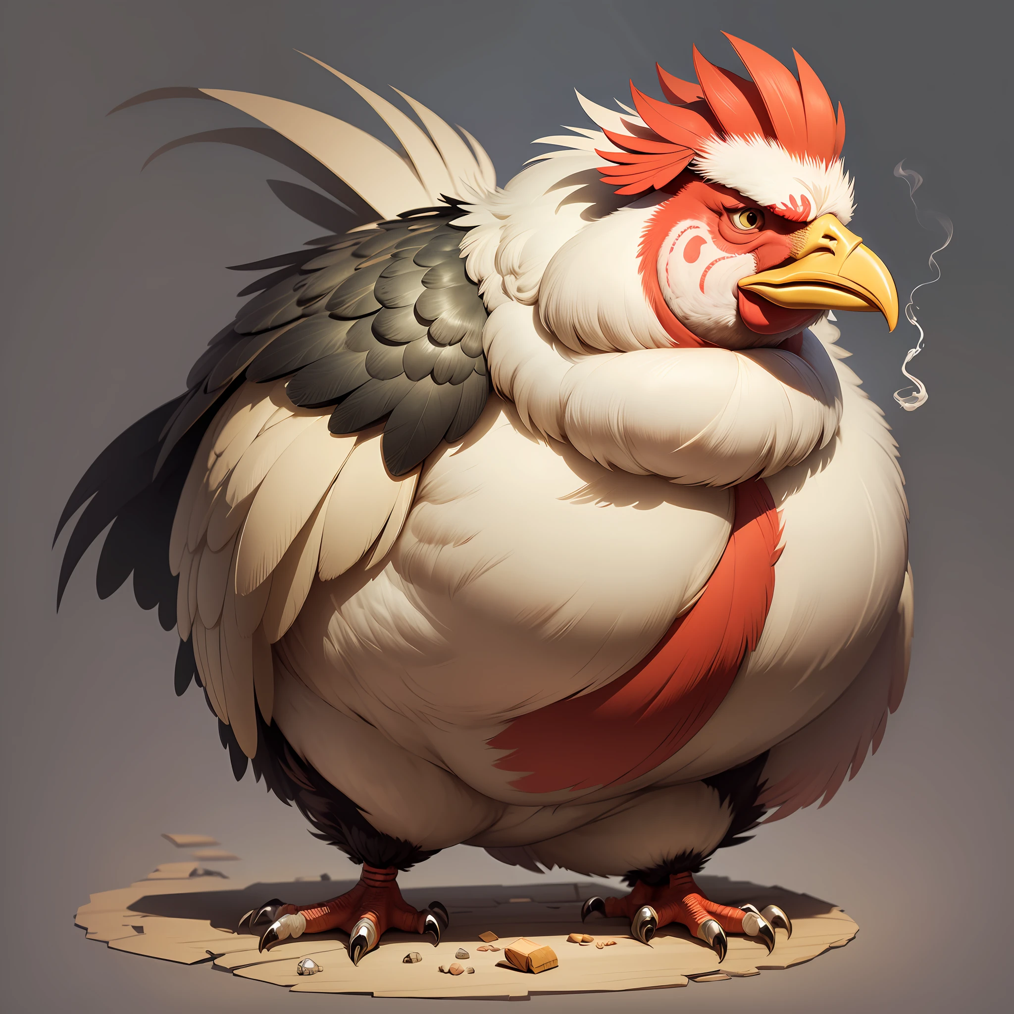 illustration of a caricature of a fat rooster, with a cigarette in his mouth, scars on his face, cracked beak, grumpy face, rich in details, 4k --auto --s2