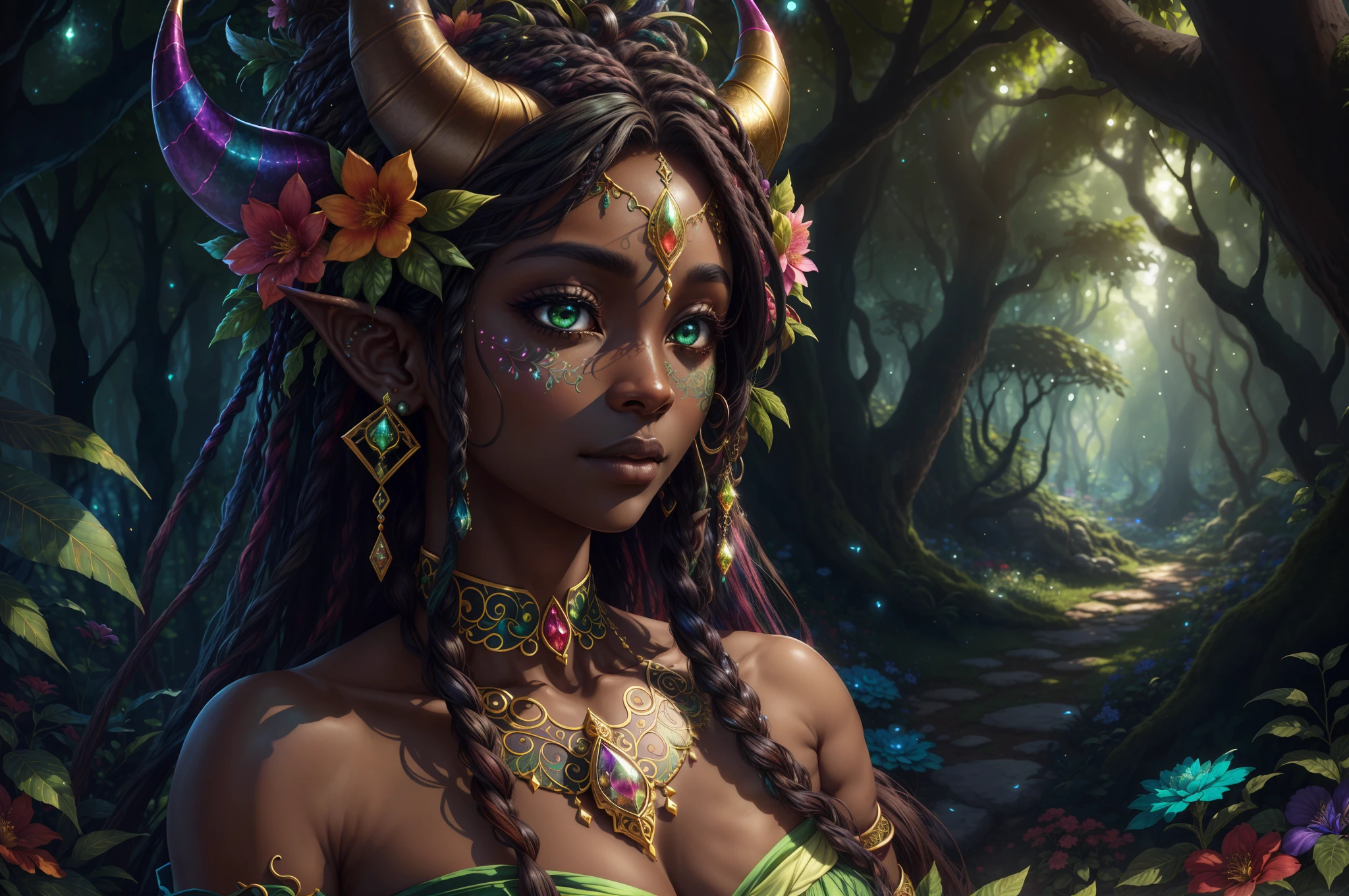 very saturated masterpiece of (((earth spirit druid dryad with ((dark skin)) and two small horns))), (small ornate horns), thin horns, beautiful horns, (shimmering delicate horns), african and japanese features, (((very ((wide and big)) nose))), (big nose), square jaw, hires hair, (very big lips), (exotic features), ((exotic face with strong african features)), strong jawline, soft full lips, (((ornate nature runes on skin))), (delicate nature runes on skin), (((dark hair))), ((part of nature)), petite, beautiful face, big eyes, ((beautiful eyes)), bright colored eyes, realistic, highly detailed eyes, ((unique face)), (extremely detailed eyes), 8k eyes, dramatic facial expressions, elegant hands, ((masterpiece)), (fantasy), fantasy magical forest background, soft lighting, dark green background, (evening lighting) background, (rich colors), deep shadows, artstation trending, midjourney painting, studio lighting, realistic skin texture, high resolution eyes, detailed, highly detailed, small details, hires eyes, magical atmosphere, bold colors, (fantasy atmosphere), (realistic proportions), late evening light, style:dramatic, (mature), (fine lines on face), pretty colors, fantasy colors, (simple clothes), (simple dress), nature circlet, silk, (((simple))), (stunning), (((masterpiece))), huge mossy tree in background, huge tree in background with falling leaves, (detailed background), flowered background, dark green and pink background, ((colorful fantasy forest background)), (boldly colored flowers entwined in hair), dreadlocks, thin dreadlocks with moss, (ornate mossy dreadlocks), ((multicolored flowers)), (((rich colored flowers))), ((pretty flowers)), elegant flowers, intricate flowers, clusters of small flowers in hair, (dark green, teal, purple, pink, orange, deep red, bright blue, glowing lime green flowers), jeweled butterflies, big butterflies, glowing lights, (shimmer), (glimmer), , glimmering body jewels, body glimmer, (solo), very defined eyes