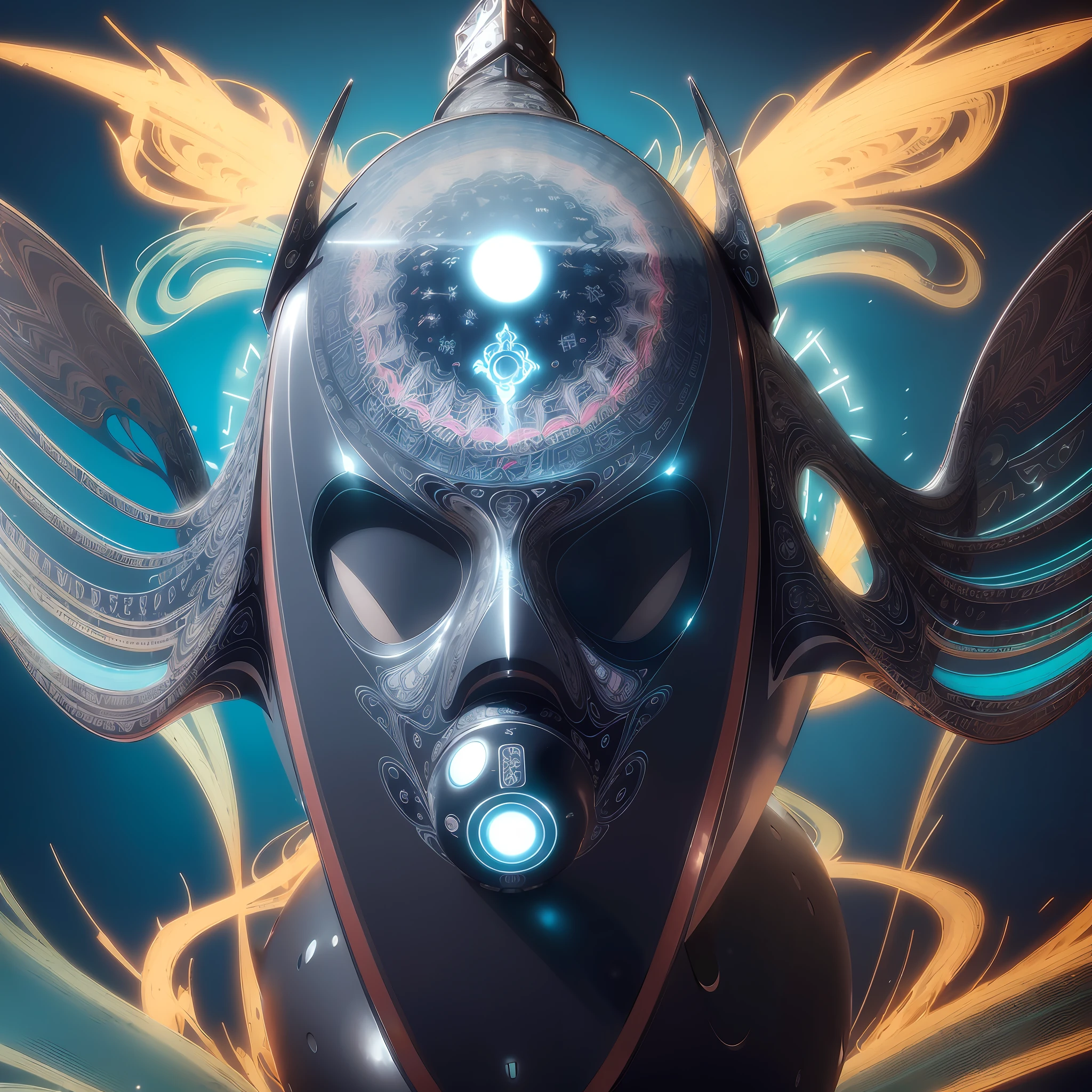 (kittybot shaman DMT aura with a transparent helmet with a protruding brain: 1.4), (metal wings: 1.2), (hyperloop car flask mask: 1.2), (kawaii cyberpop fractal art: 1.6), (Tobias Gremmler art style of fluid and dynamic forms: 1.6), (organic-geometric mix: 1.6), (the shaman's head reflects happiness as a mood and mind in surreal ways:  1.2), (mask creates motion and warping in light: 1.3), (ultra-high resolution: 1.4), (ray tracing illumination: 1.4), (subsurface scattering skin: 1.2), (particle effects: 1.4), (depth of field: 1.4), (geometric-dotist abstraction: 1.6), (generative fluid fractal algorithm: 1.6).
