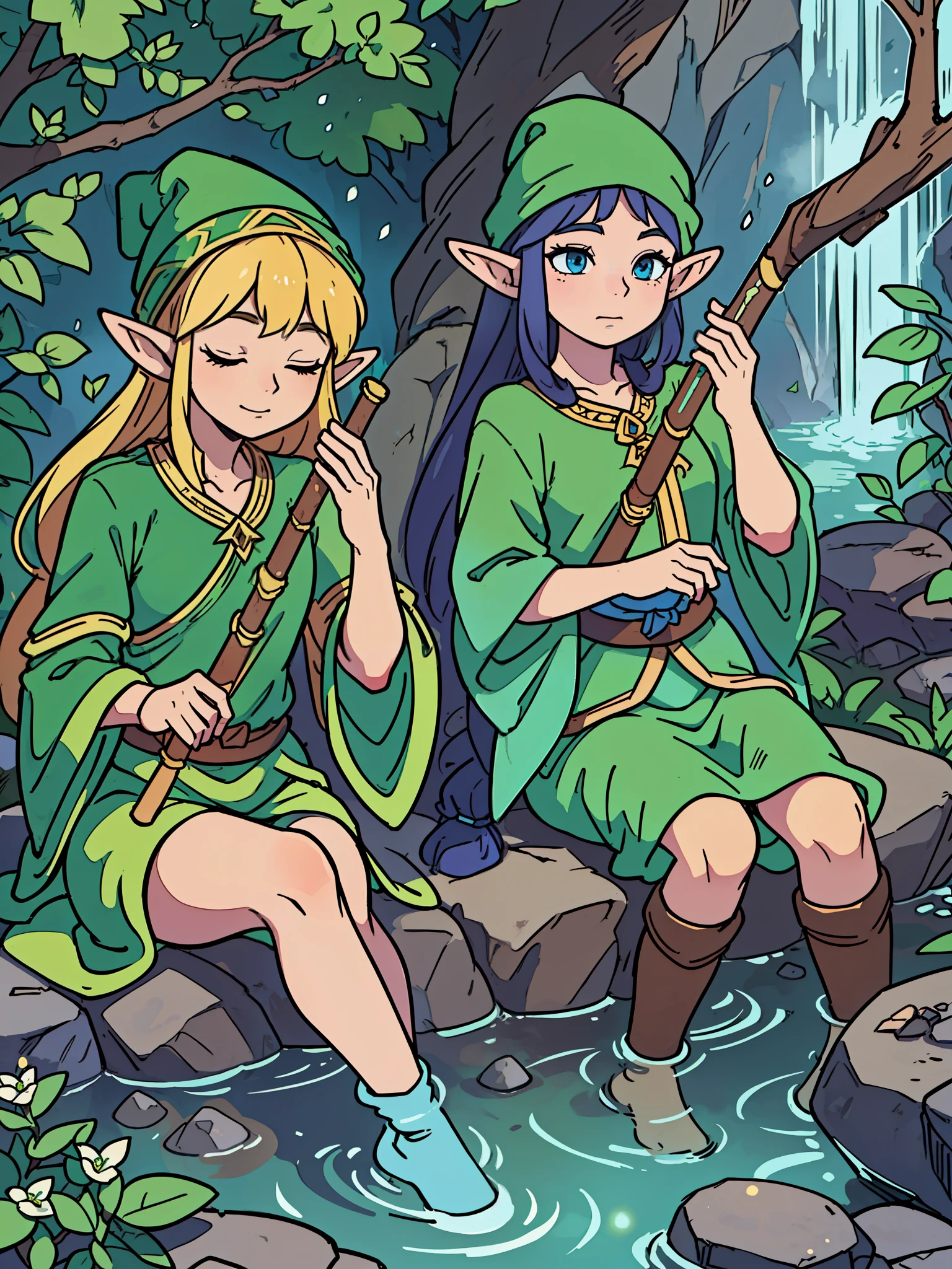 (elves) (playing flute) (sitting on a rock) (eyes closed) (serious facial expression) ( magical forest background with a waterfall) (wearing a beanie) (detailed illustration) (masterpiece: 1.3) (best quality) (8k) (extreme quality rendering) (light and shadows) (2 elves in the background watching the elf playing the flute) (several elves) (some elves)