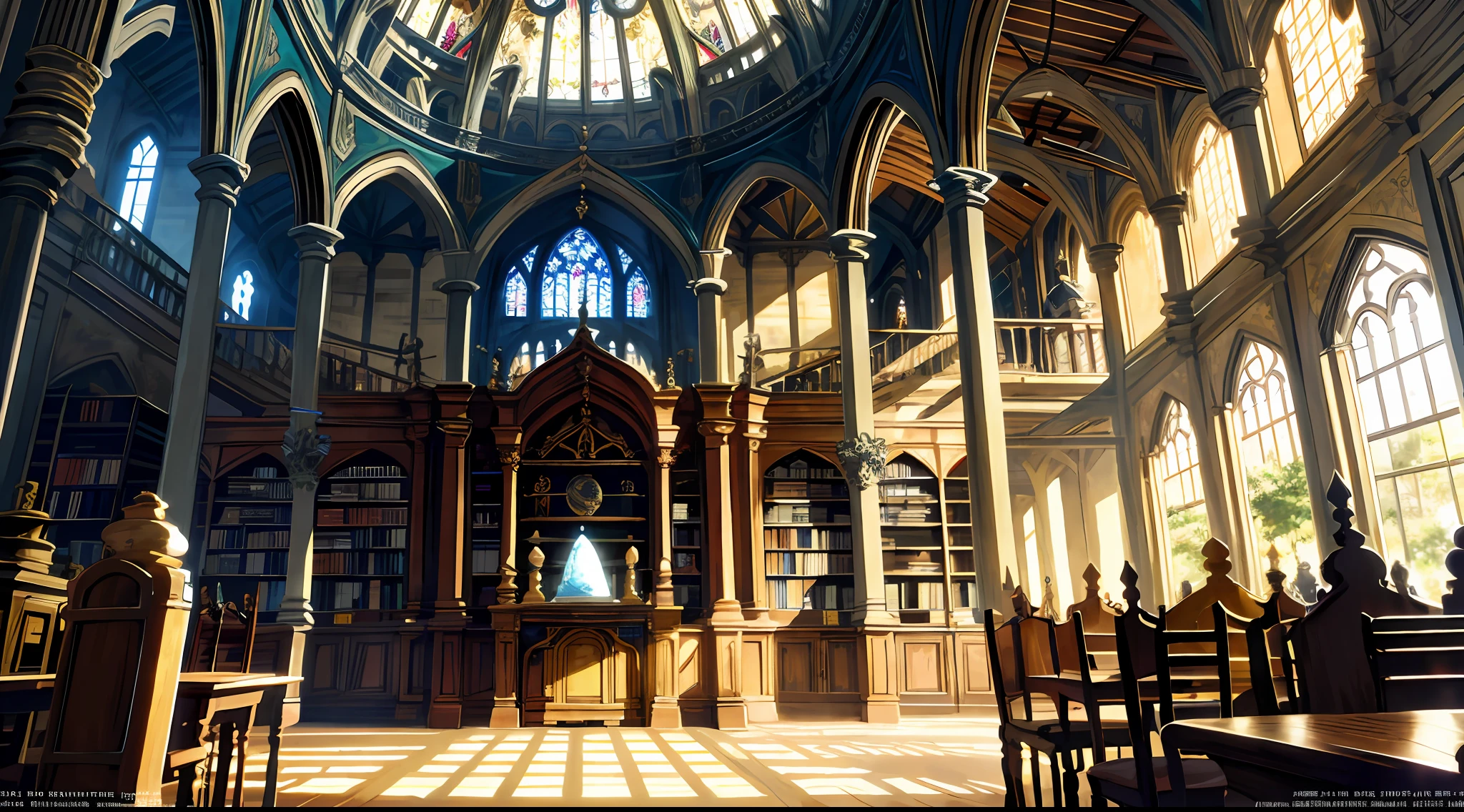 Enchanted Library, Grand, cathedral-like architecture with towering bookshelves, Sunlight streaming through stained glass windows, casting vibrant colors, Shelves filled with ancient, leather-bound tomes and magical artifacts, Floating orbs of light illuminating the space, giving it a mystical ambiance, Whispers of ancient knowledge and the scent of old parchment in the air, visual novel background, anime concept art, masterpiece, computer wallpaper, 8k, detailed