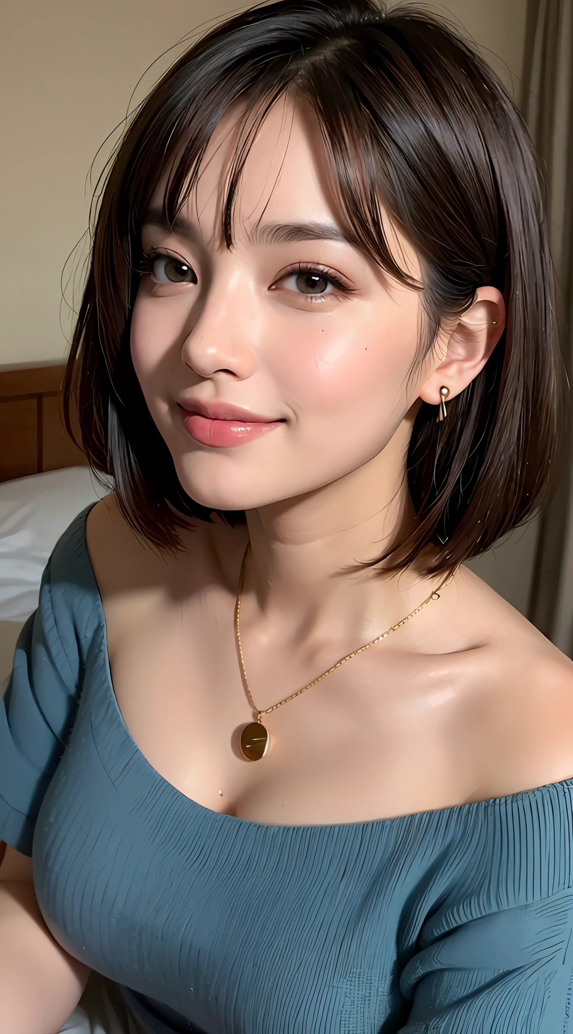 (top quality, 8k, masterpiece: 1.3), pretty woman with perfect figure: 1.4, dark brown hair, big, wearing pendants, torn shorts, sleeping in bedroom, very detailed face and skin, detailed eyes, double eyelids, top quality, masterpiece, (photorealistic: 1.4), one woman, golden ratio, high angle shot, upper eye care, low angle shot, perfect face, beautiful figure, cute face, face close-up, zoom in on face, short bob, short hair, smile from different angles, smile, gloss, highlight, gloss, glossy on skin, glossy on skin, wet skin, wet, bangs, cute smile, bust, off-shoulder, refreshing charm, elegant, perfect hands, smile from angle, smile, shiny, highlight, glossy skin, bangs, bust, big, Warm off-shoulder, refreshing charm, ears out, gaze to the camera, poses at different angles