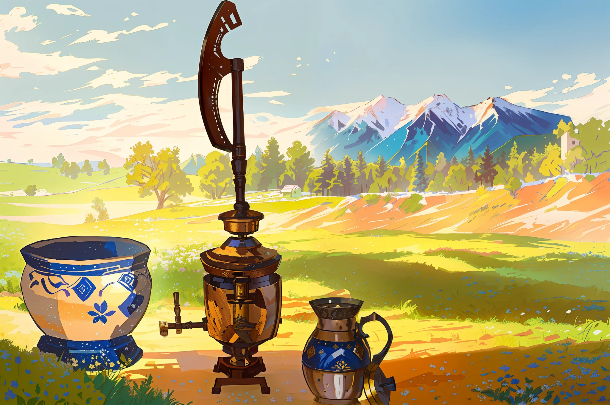 an ax sticking out of a samovar, an ax, a samovar, against the background of a field kitchen, a jug, a table, ancient Rus', historical illustration, high detail, against the backdrop of nature