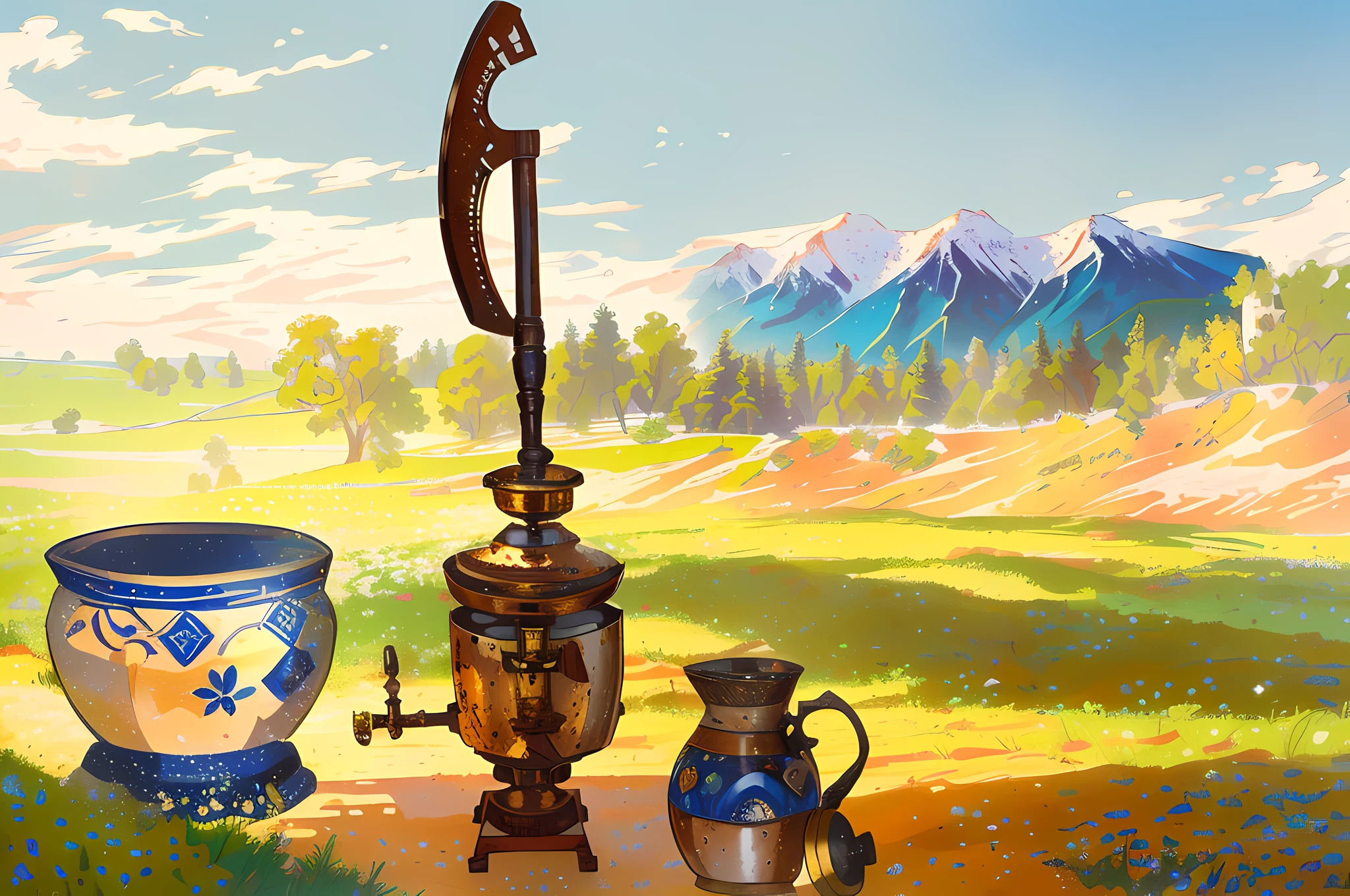 an ax sticking out of a samovar, an ax, a samovar, against the background of a field kitchen, a jug, a table, ancient Rus', historical illustration, high detail, against the backdrop of nature