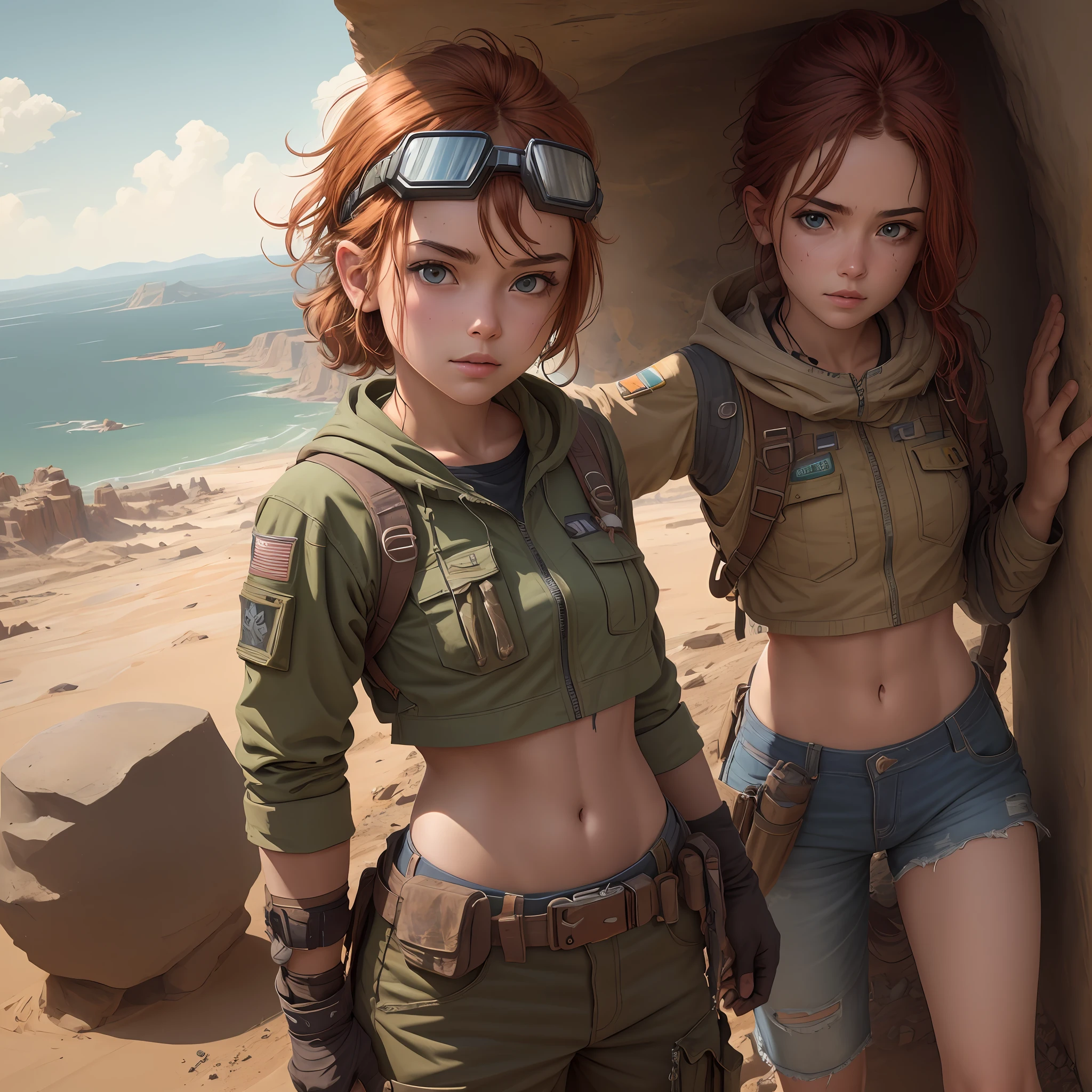 masterpiece, best quality, ultra-detailed, illustration, ranger, motorbike, motorcycle,  traveler, dirtbike, roughneck, girl, solo, muscle, tone, robot legs, (goggles on head), wilderness, future, cyberpunk, forest, nowhere, hiking, alien planet, nuclear, wasteland, fallout, Chernobyl, sexy, rain, rocks, dirt, mud, sand, sun, heat, extreme, elements, rough and tumble, rope, tow, stuck, hitchiking, desert, highway, dirt road, survivalist, beautiful girl, squid, no jacket, crop top, bikini, tank top, auburn hair, detailed landscape, riding pants, candid, full body, detailed face,