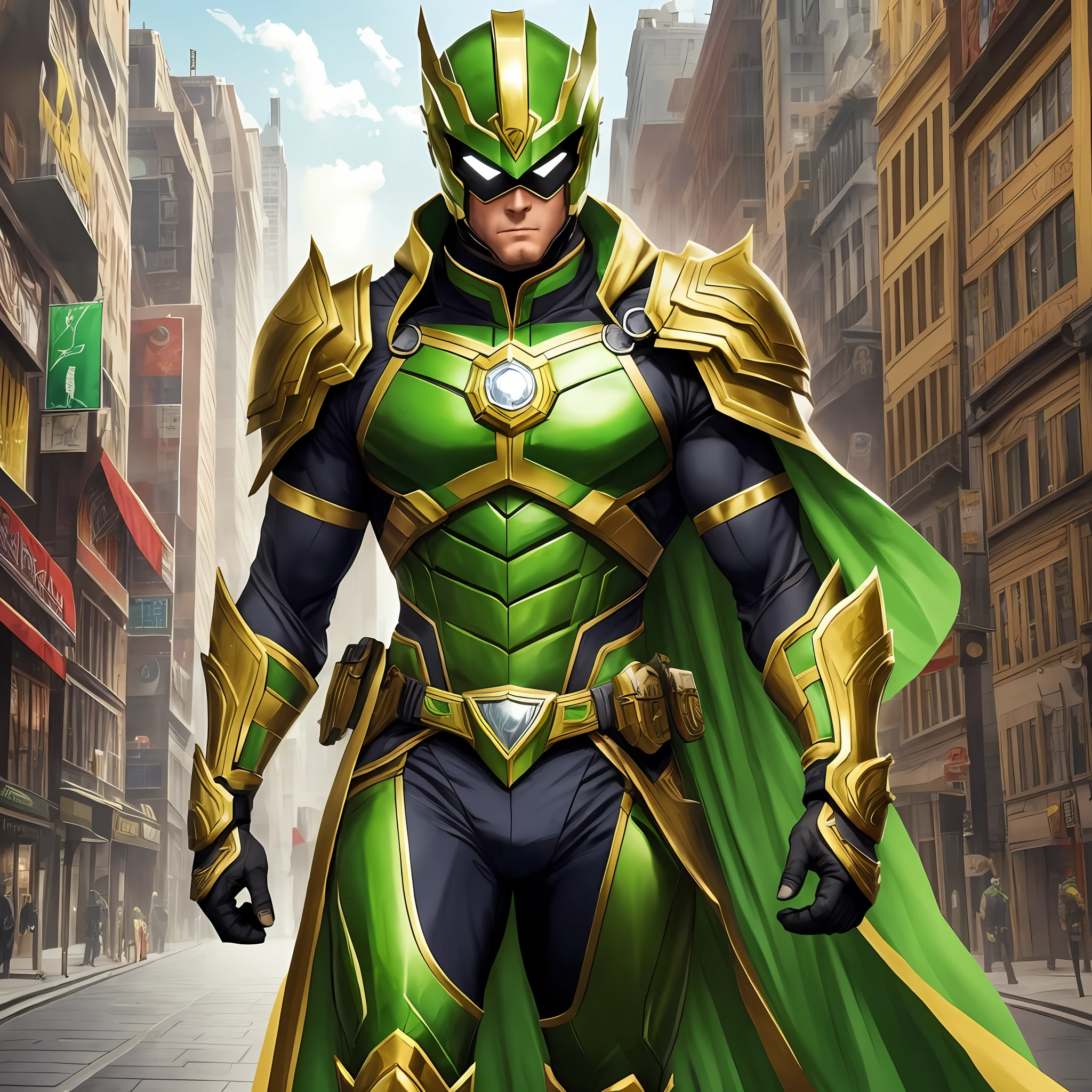 Develop an image of a hero wearing a green and gold costume. The hero must have a noble and powerful appearance, with distinct character traits. The green and gold costume should be modern and futuristic, with technological elements and details that make it unique. The hero must be in a heroic pose, as if he is ready to face any challenge that comes his way. The background scene can be an urban landscape or an imaginary landscape that matches the heroic aura of the character. Feel free to add creative and interesting details to make the hero even more captivating --auto --s2