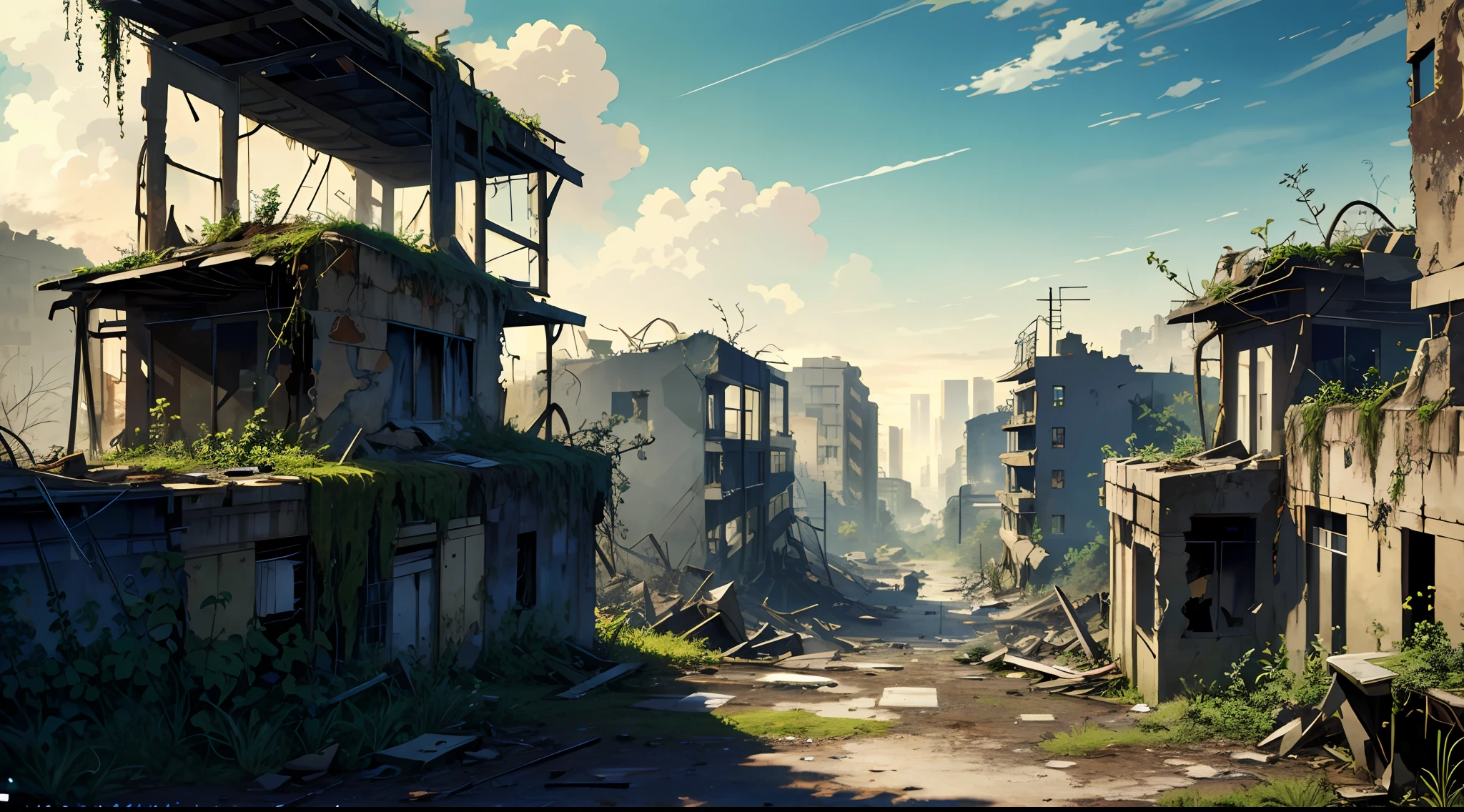 Post-Apocalyptic Ruins, Desolate landscape with crumbling buildings and overgrown vegetation, High-quality, muted color palette to convey a sense of desolation, Nature reclaiming the urban environment with vines and moss-covered structures, Remnants of a once-thriving civilization, now reduced to debris and rubble, Hints of mystery and survival as characters navigate the abandoned world, visual novel background, anime concept art, masterpiece, computer wallpaper, 8k, detailed