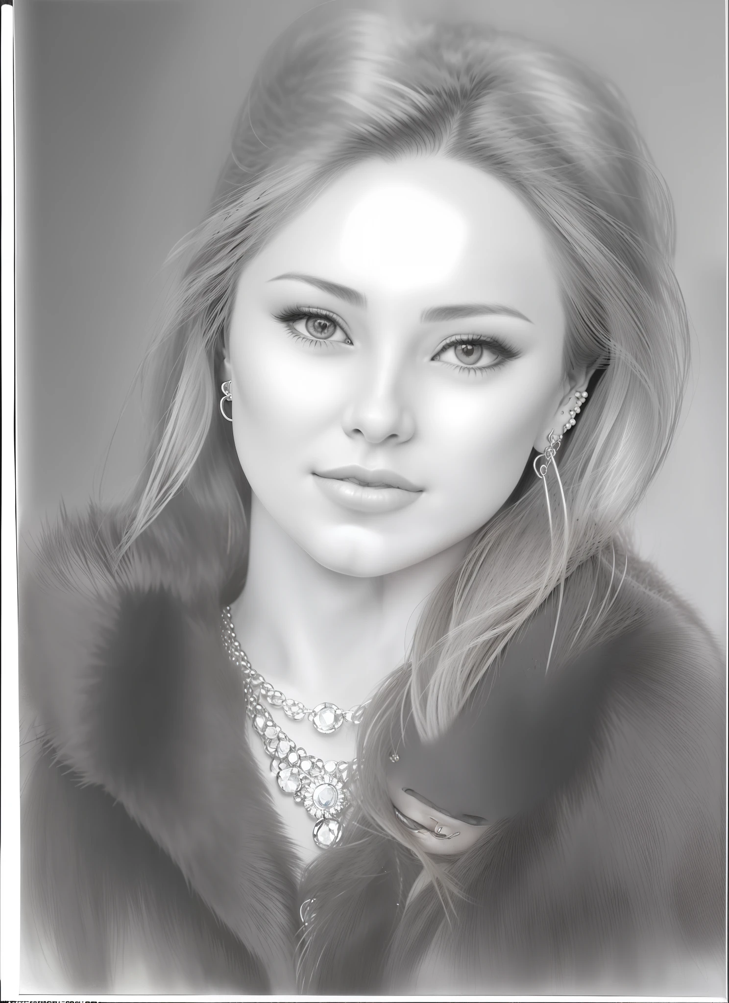 a drawing of a woman with a fur coat and earrings, realistic sketch, realism drawing, portrait of a cute girl, pencil draw, pencil drawing, detailed portrait, pencil sketch, portrait girl, realistic graphite, realistic portrait, traditional portrait, cute portrait, girl portrait, professional portrait drawing, realistic drawing, pencil art on paper, a pencil sketch, black and white graphite drawing