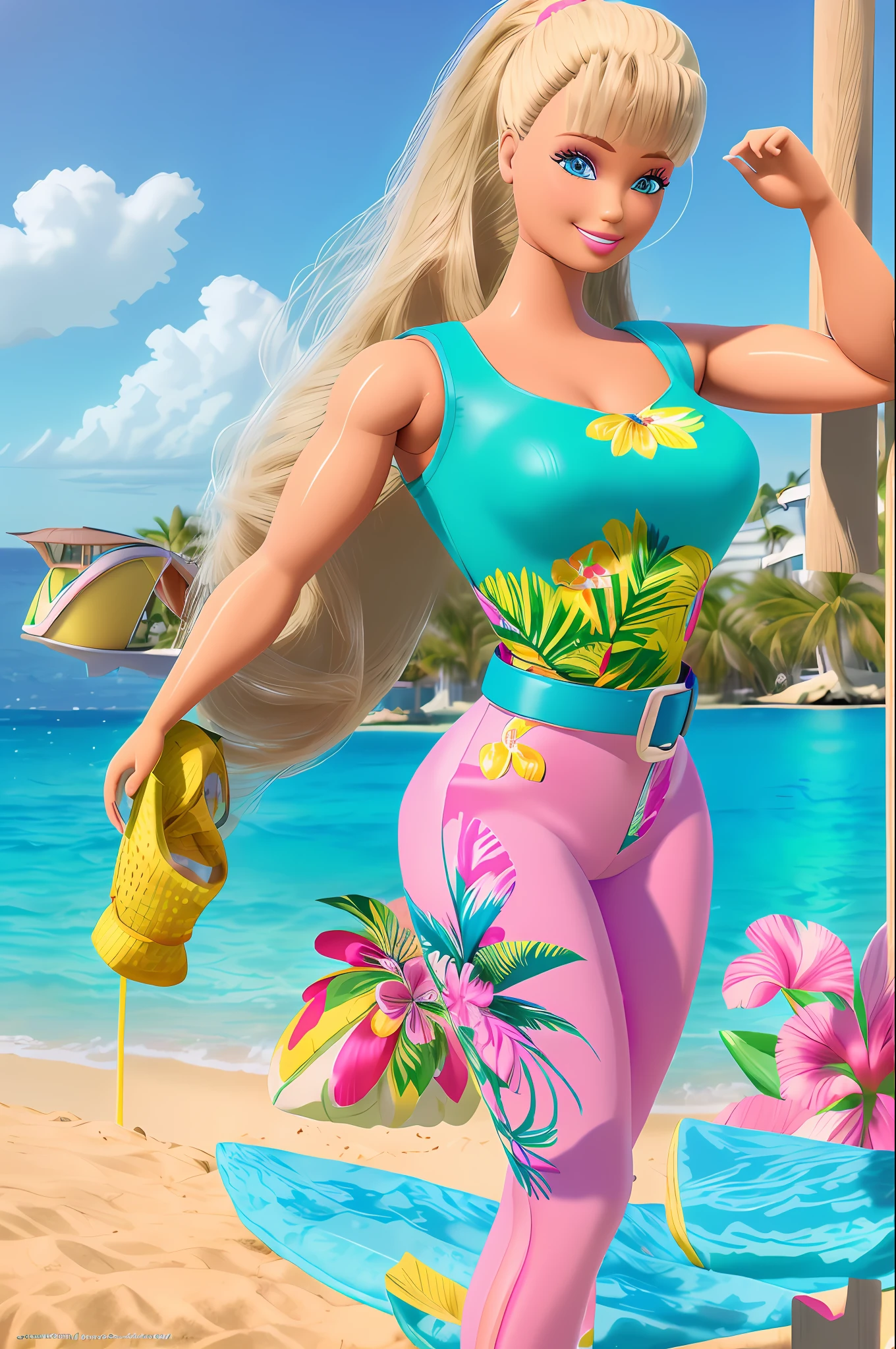 (masterpiece, best quality), highres, (8k, RAW photo, highest quality), ultra-realistic, 3d, centered, (TS_Barbie), mid shot, (full body: 1.2), a cartoon girl in a blue jumpsuit and pink belt in pixar style, (perfect lighting and composition: 1), soft lighting, (high detail, 8K resolution: 1), hdr: 0.7, detailed face, perfect, (dynamic), pose, (high quality:  1.2), plastic leather, ((bright: 1.3)), hourglass figure, smile, (depth of field: 0.8), 50mm, film grain: 0.7, fujifilmXT3, focus face, (sad: 1.2), looking at the viewer, detailed eyes, detailed face, floating particles, style, beautiful, light makeup, lipstick,body built (bodybuilder arms, thick waist and thighs: 0.6), summer vacation, tropical, palm tree, sand beach,  amazing, lively composition