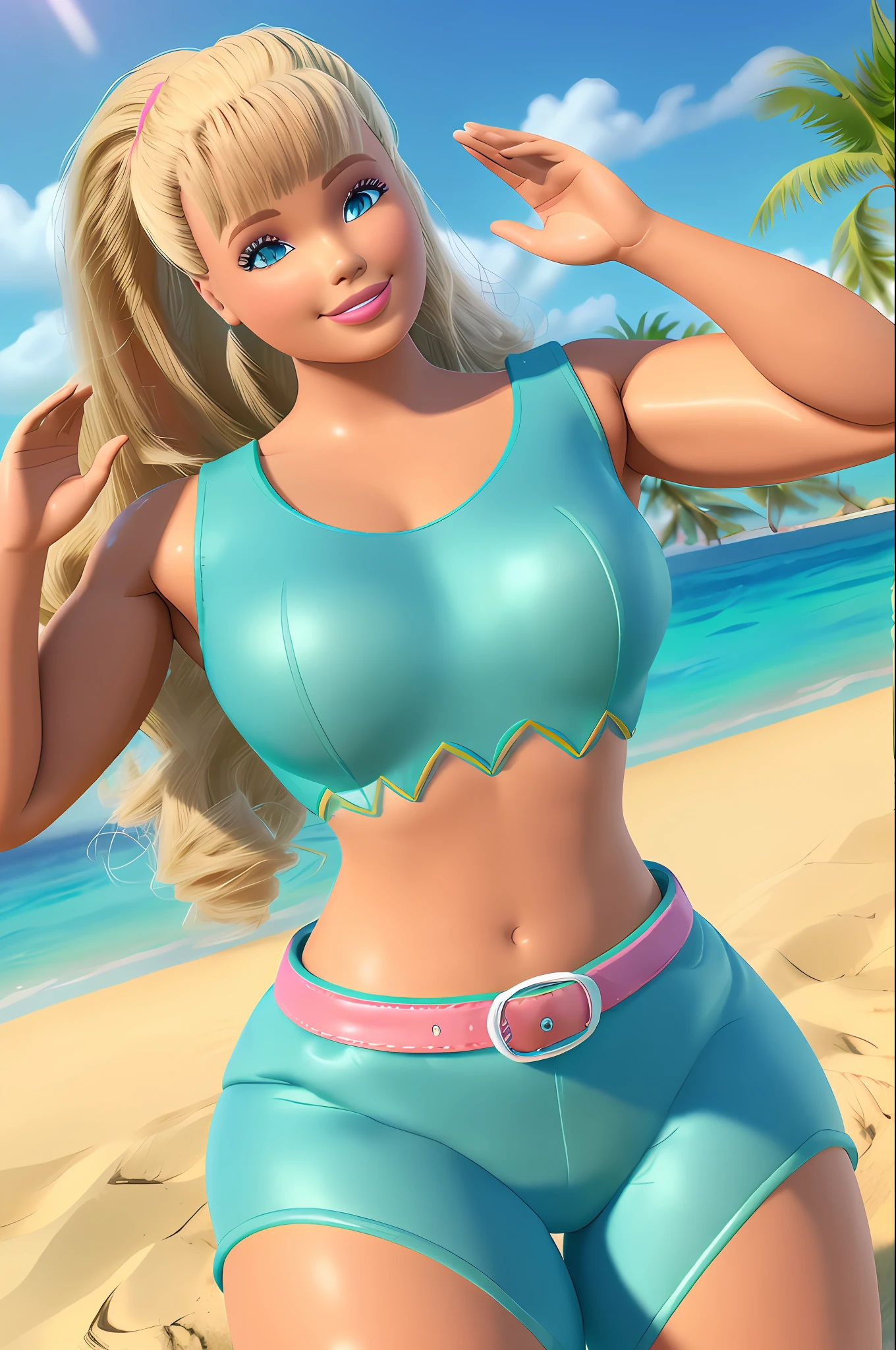 (masterpiece, best quality), highres, (8k, RAW photo, highest quality), ultra-realistic, 3d, centered, (TS_Barbie), mid shot, (full body: 1.2), a cartoon girl in a blue jumpsuit and pink belt in pixar style, (perfect lighting and composition: 1), soft lighting, (high detail, 8K resolution: 1), hdr: 0.7, detailed face, perfect, (dynamic), pose, (high quality: 1.2), plastic leather, ((bright: 1.3)), hourglass figure, smile, (depth of field: 0.8), 50mm, film grain: 0.7, fujifilmXT3, focus face, (sad: 1.2), looking at the viewer, detailed eyes, detailed face, floating particles, style, beautiful, light makeup, lipstick,body built (bodybuilder arms, thick waist and thighs: 0.6), summer vacation, tropical, palm tree, sand beach, amazing, lively composition