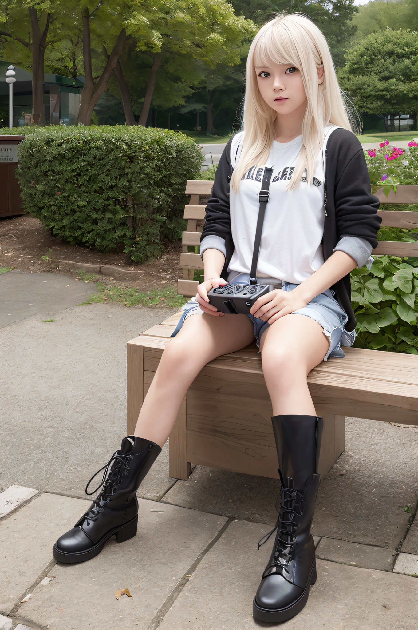 1girl,cute girl,platinum blonde hair, two side up,,,black short boots, full body, outdoor, lakeside, dof,holding nintendo switch, game concole,park bench,