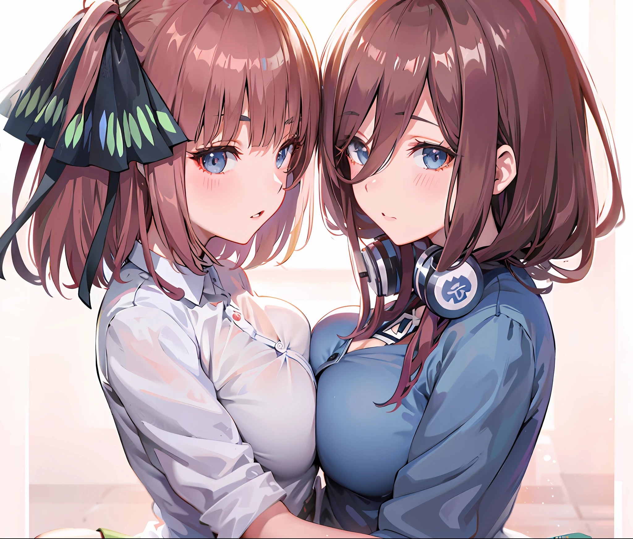 anime - style picture of two girls with headphones on, two beautiful anime girls, anime girls, kantai collection style, wlop and sakimichan, fine details. girls frontline, anime moe artstyle, smooth anime cg art, from girls frontline, [ 4 k digital art ]!!, anime style 4 k, two girls, twintails