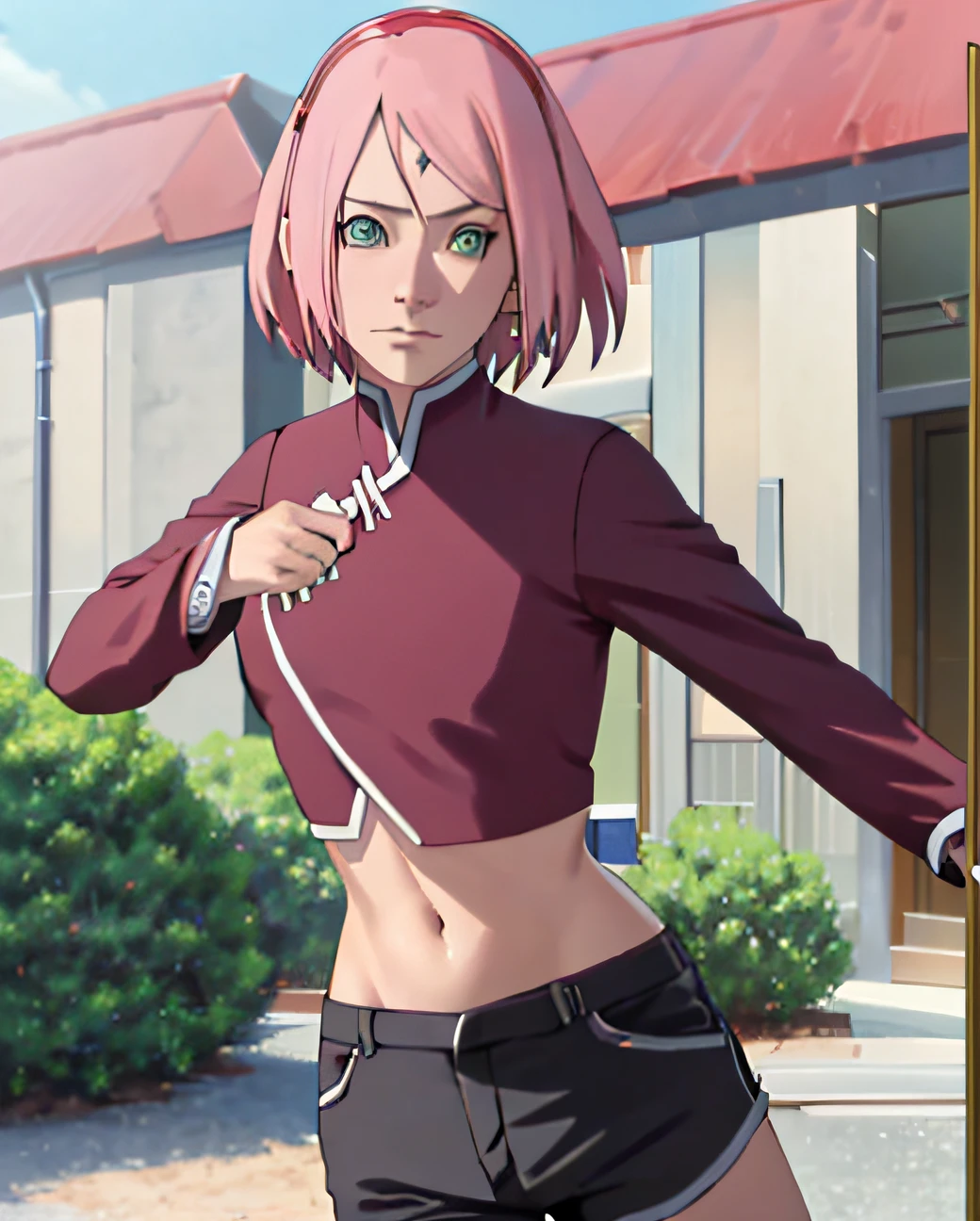 masterpiece, absurdres , (intricate details), (colorful),cinematic lighting,bust shot,extremely detailed CG unity 8k wallpaper,1girl, haruno sakura,red hairband,forehead mark,crop top, navel, black shorts,exercise, outdoors,morning,day, sunlight, looking at viewer,