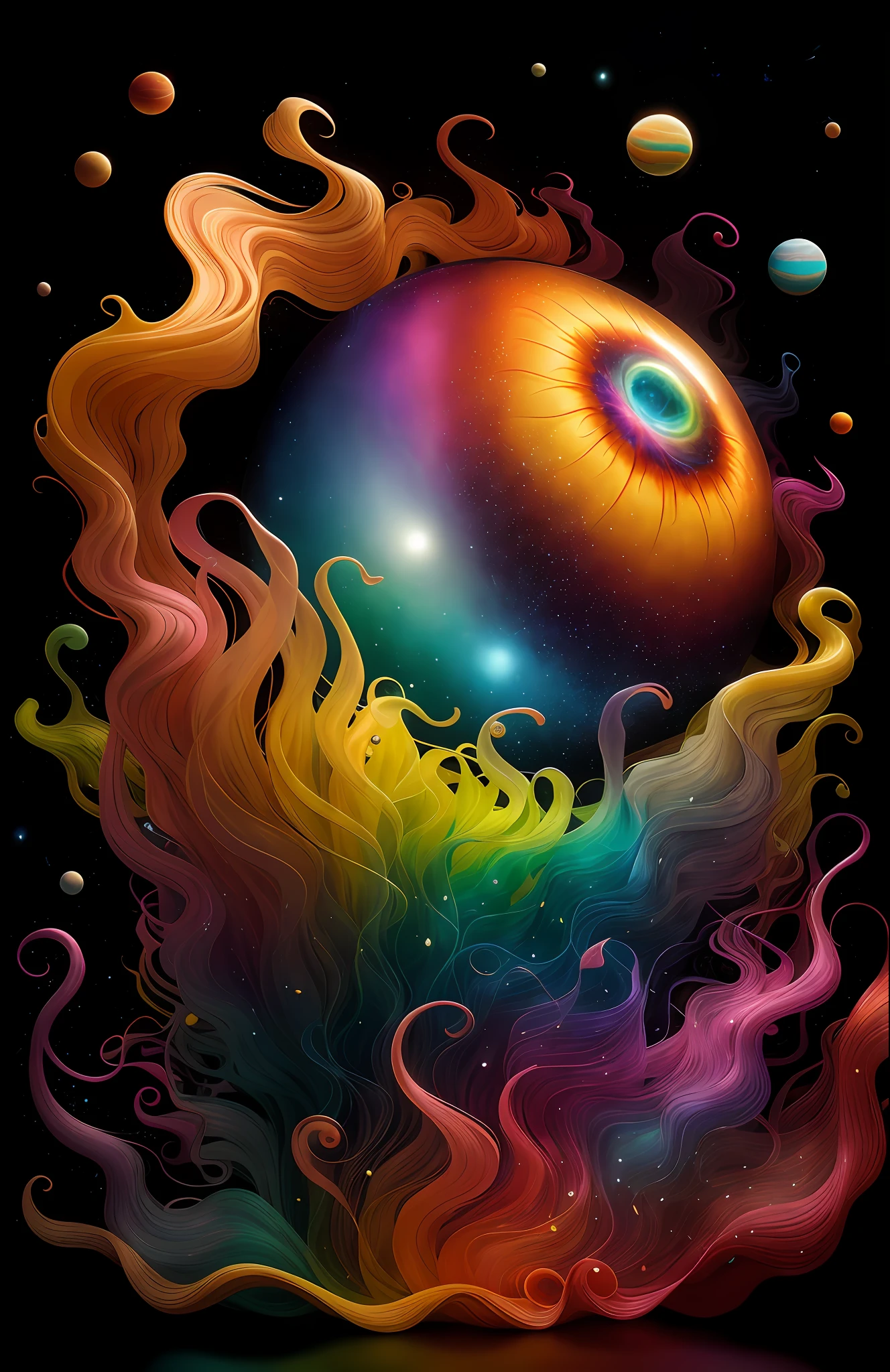 colorpop style, photo photo portrait of the sun surrounded by orbiting planetary moons, blonde pointy hair, natalie shau, mark ryden, alberto seveso, brooke shaden, anna dittmann, flora borsi, 8k resolution, perfect composition, milky way, rainbow color, flying insects, scales, wings, blue, texture, complex, gorgeous, shadow, pastel colors, 3d, Highly detailed, decorated in style, Tim Burton, Dale Chihuly, Xiaolongcheng, Cyril Rolando, by J. Gigue