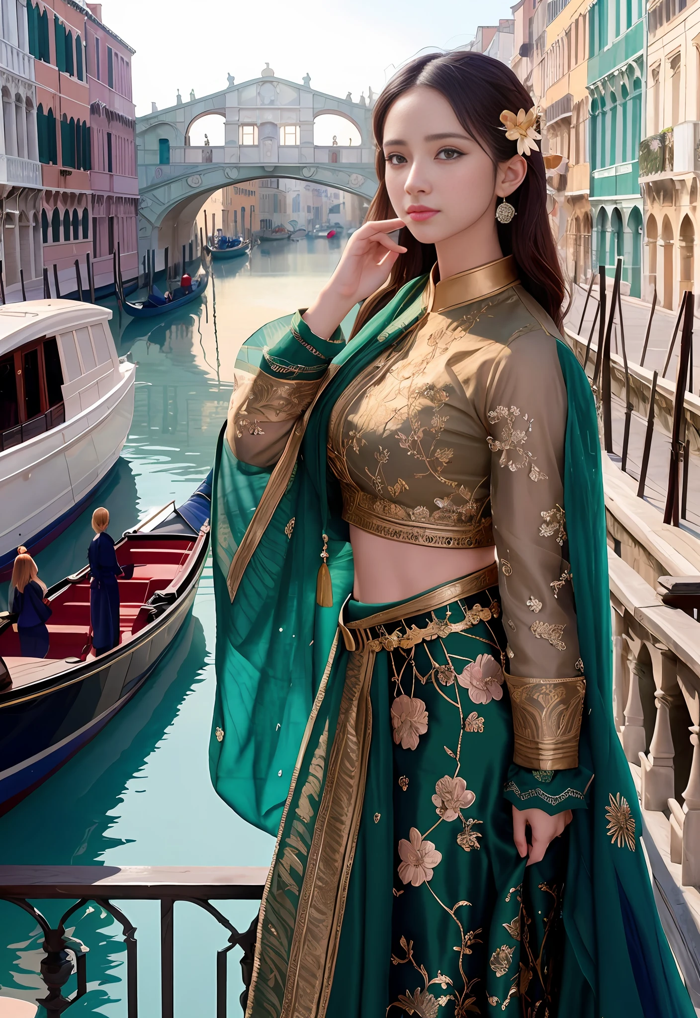 modelshoot style, (extremely detailed CG unity 8k wallpaper), full shot body photo of the most beautiful artwork in the world, stunningly beautiful photo realistic cute women, a hyper realistic ultra detailed photograph of a beautiful girl as a female 2020s dancer on the boat of 2020s Venice,(Bridge Of Sighs background),(princess eyes,shiny pupils), detailed symmetric beautiful hazel eyes, detailed gorgeous face,highly detailed, vibrant,professional majestic oil painting by Ed Blinkey, Atey Ghailan, Studio Ghibli, by Jeremy Mann, Greg Manchess, Antonio Moro, trending on ArtStation, trending on CGSociety, Intricate, High Detail, Sharp focus, dramatic, photorealistic painting art by midjourney and greg rutkowski