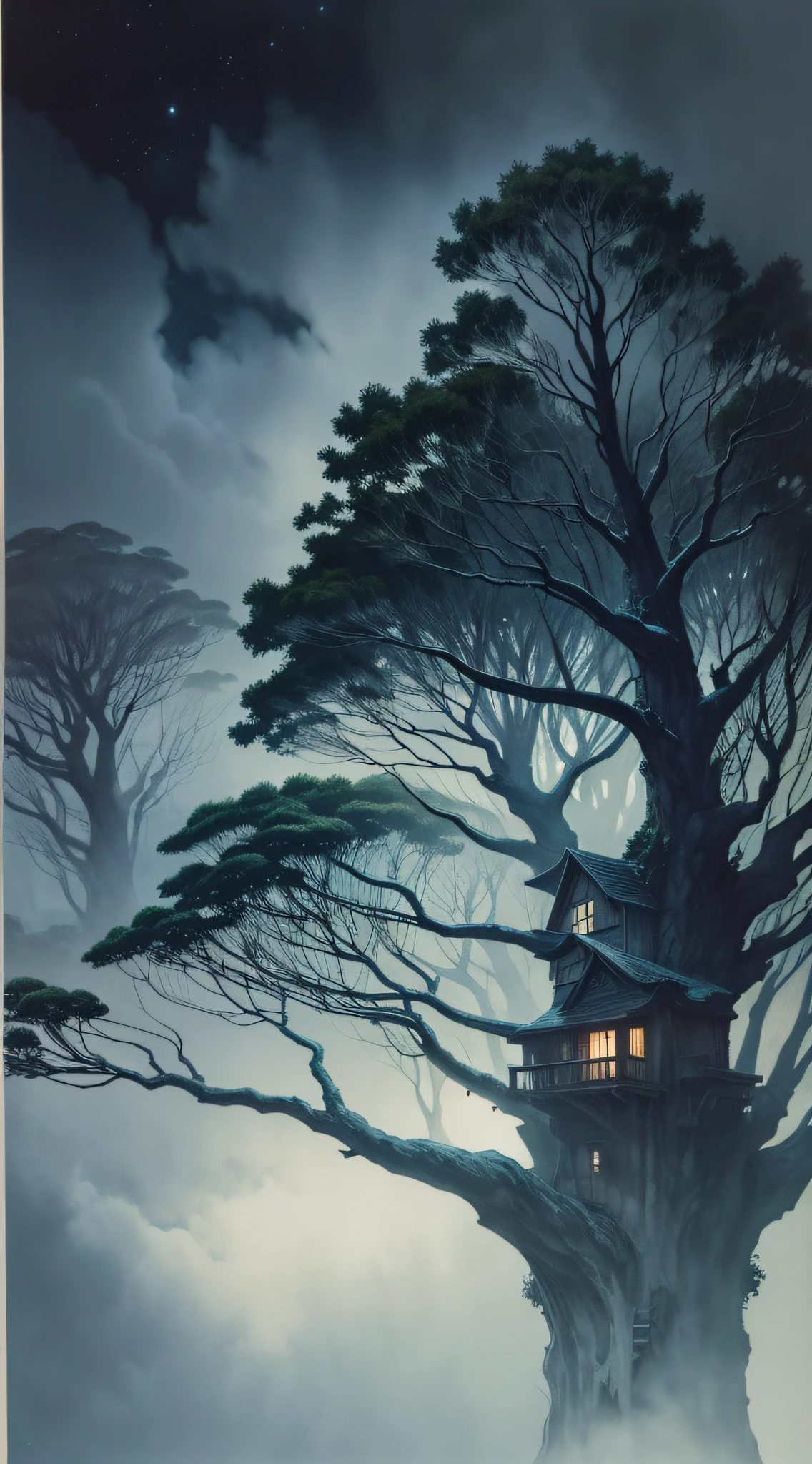 treehouse, gloomy, dark sky, watercolor, --auto --s2
