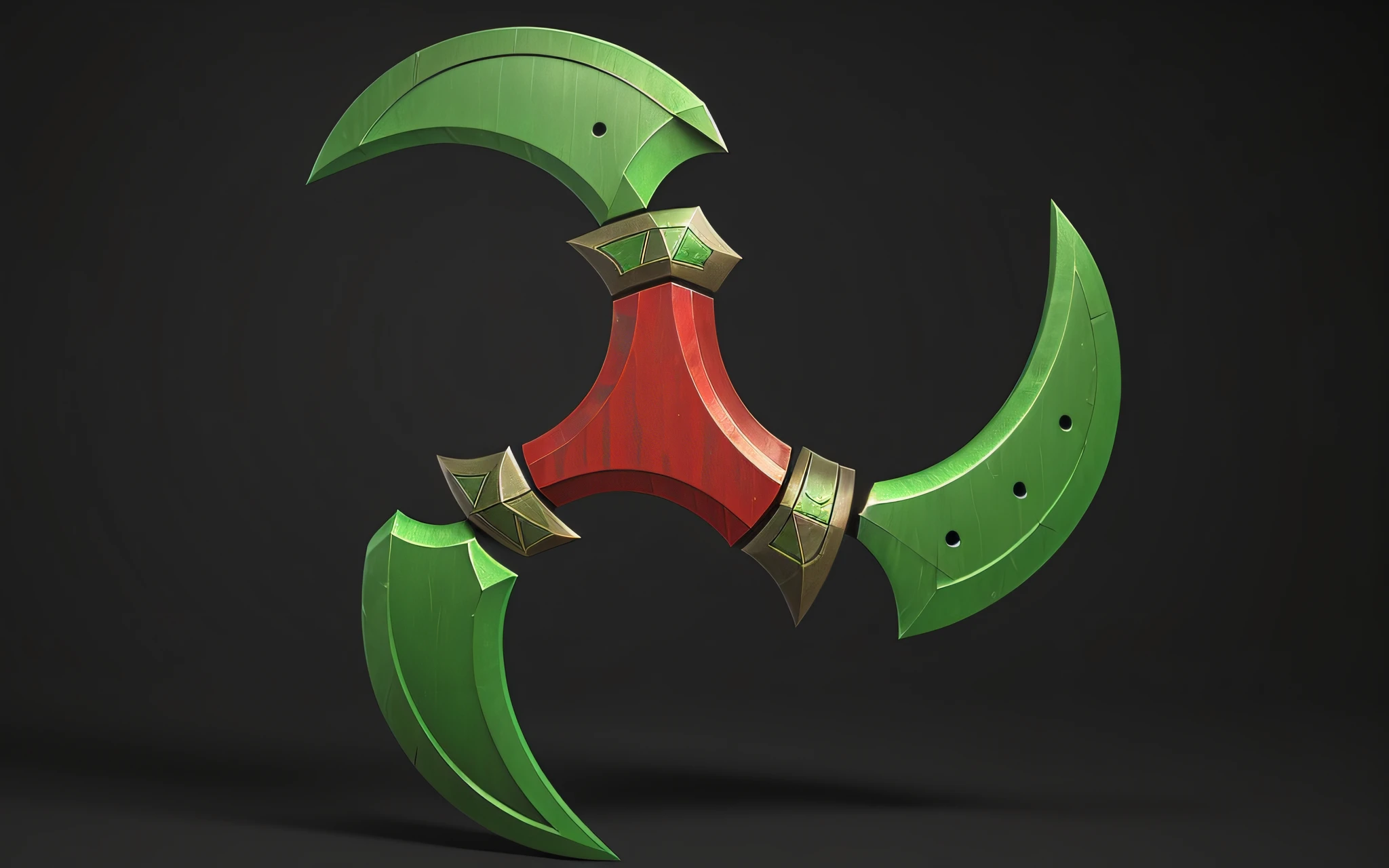 there is a green and red object with a red handle, raytraced blade, fantasy weapon, artifact dota2, wielding kunai, shurikens, rpg item render, warcraft blizzard weapon art, designed in blender, z-brush sculpt, rendered in maya, 3 d render stylized, stylized 3 d, maya render, stylized pbr, rpg game item
