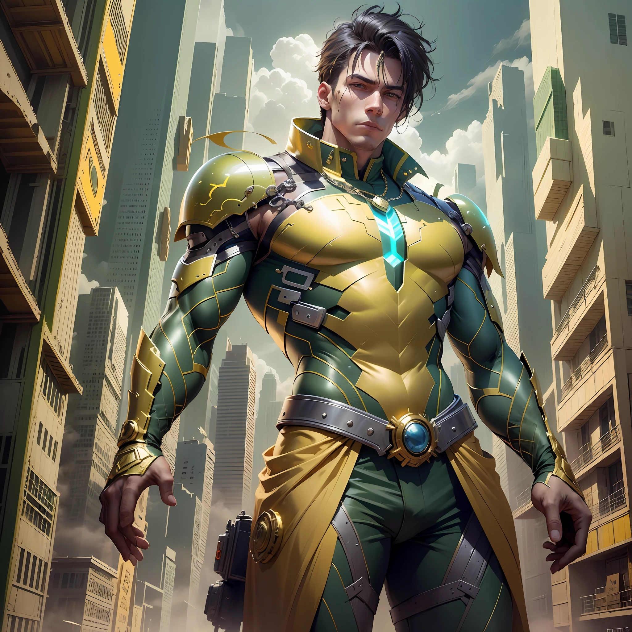 Develop an image of a hero wearing a green and gold costume. The hero must have a noble and powerful appearance, with distinct character traits. The green and gold costume should be modern and futuristic, with technological elements and details that make it unique. The hero must be in a heroic pose, as if he is ready to face any challenge that comes his way. The background scene can be an urban landscape or an imaginary landscape that matches the heroic aura of the character. Feel free to add creative and interesting details to make the hero even more captivating --auto --s2