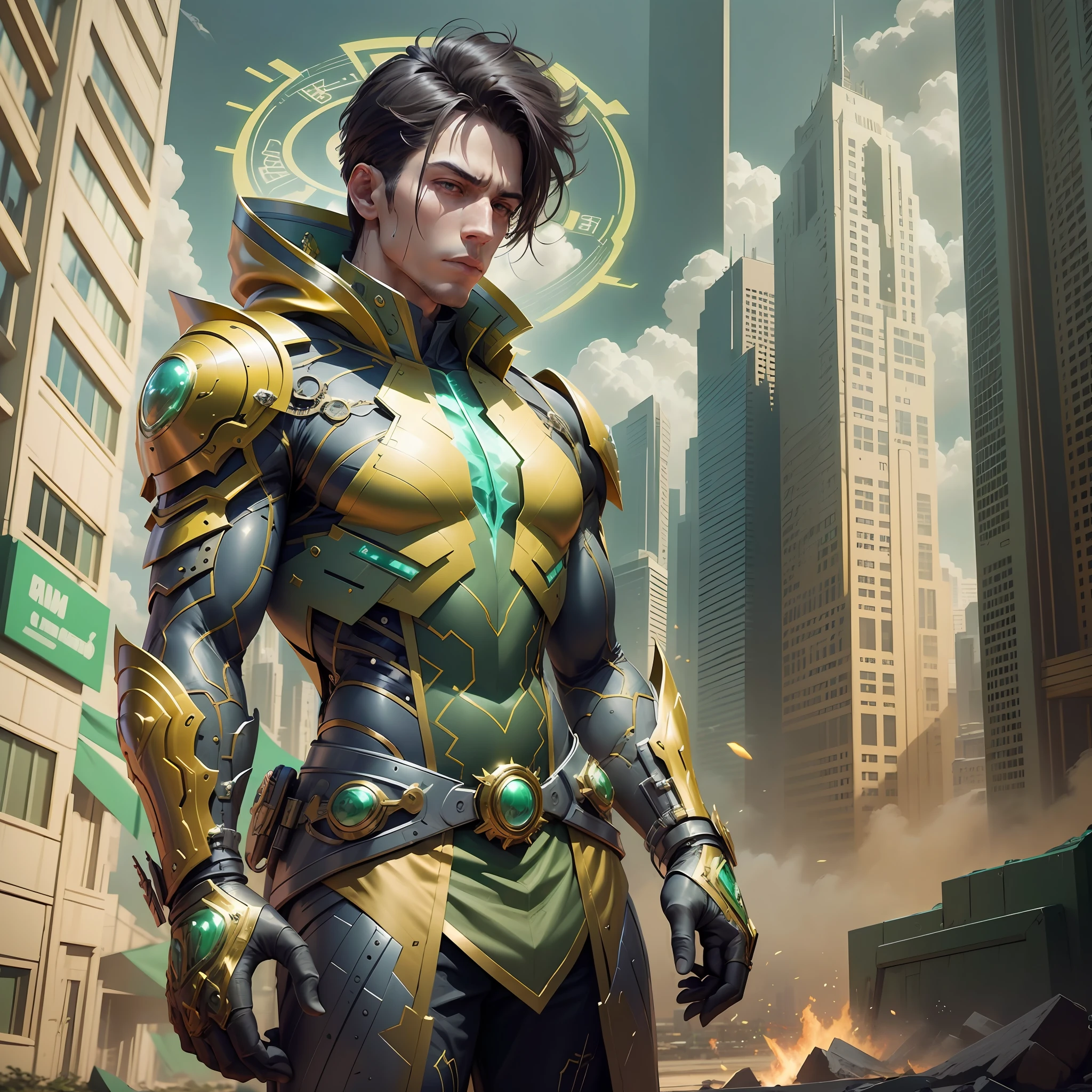 Develop an image of a hero wearing a green and gold costume. The hero must have a noble and powerful appearance, with distinct character traits. The green and gold costume should be modern and futuristic, with technological elements and details that make it unique. The hero must be in a heroic pose, as if he is ready to face any challenge that comes his way. The background scene can be an urban landscape or an imaginary landscape that matches the heroic aura of the character. Feel free to add creative and interesting details to make the hero even more captivating --auto --s2