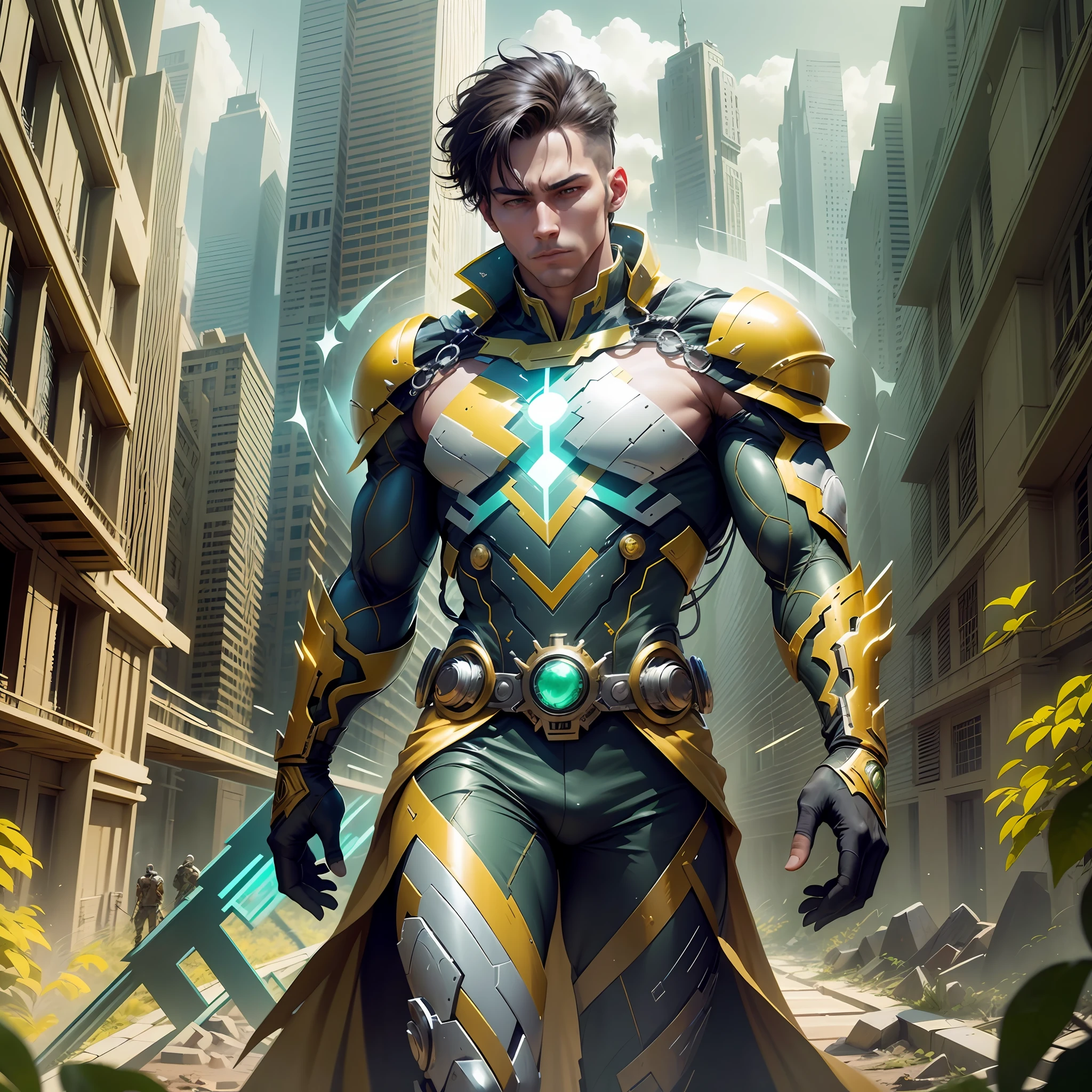 Develop an image of a hero wearing a green and gold costume. The hero must have a noble and powerful appearance, with distinct character traits. The green and gold costume should be modern and futuristic, with technological elements and details that make it unique. The hero must be in a heroic pose, as if he is ready to face any challenge that comes his way. The background scene can be an urban landscape or an imaginary landscape that matches the heroic aura of the character. Feel free to add creative and interesting details to make the hero even more captivating --auto --s2
