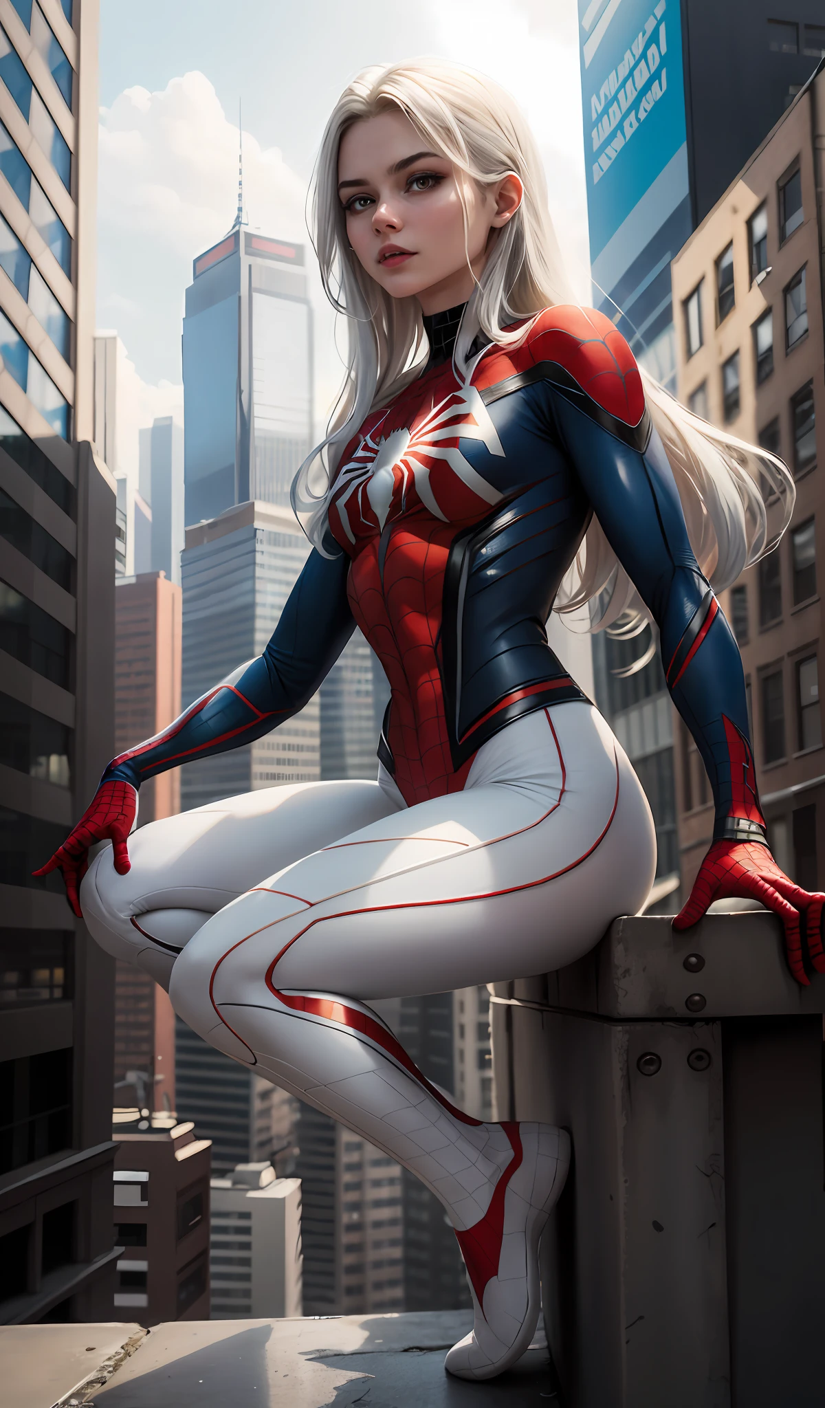 4k, realistic, charismatic, very detailed, there is a girl in the top city, wearing a Spider-Man costume, she is Spider-Man, white superhero theme, white long hair, 21 years old, full body