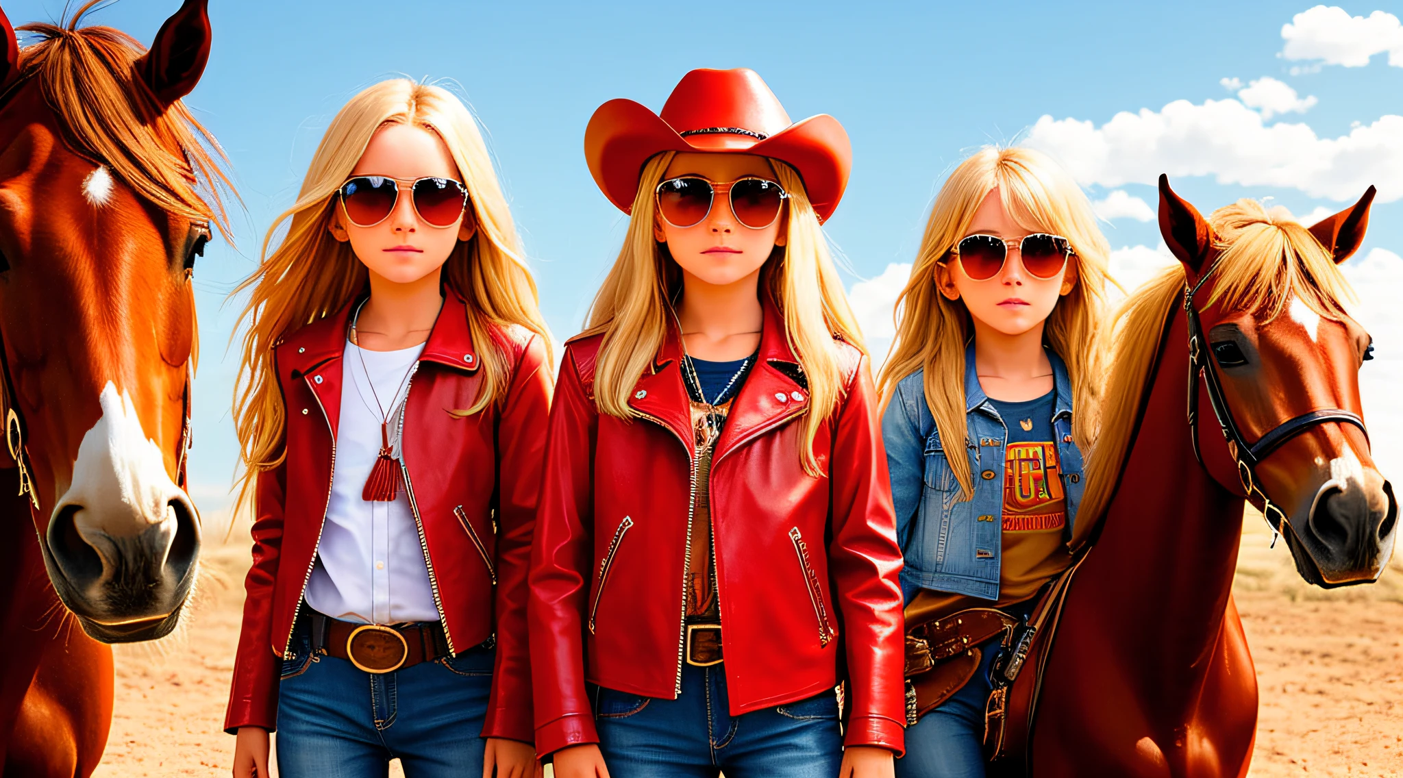 Fri, 19:42
You sent
A half-body, portrait of 3 German child girls long blonde hair of 12 years, red leather jackets, sunglasses, a horse and exudes confidence, a cowboy hat pulled over his eyes. Wild West with a touch of modern style.