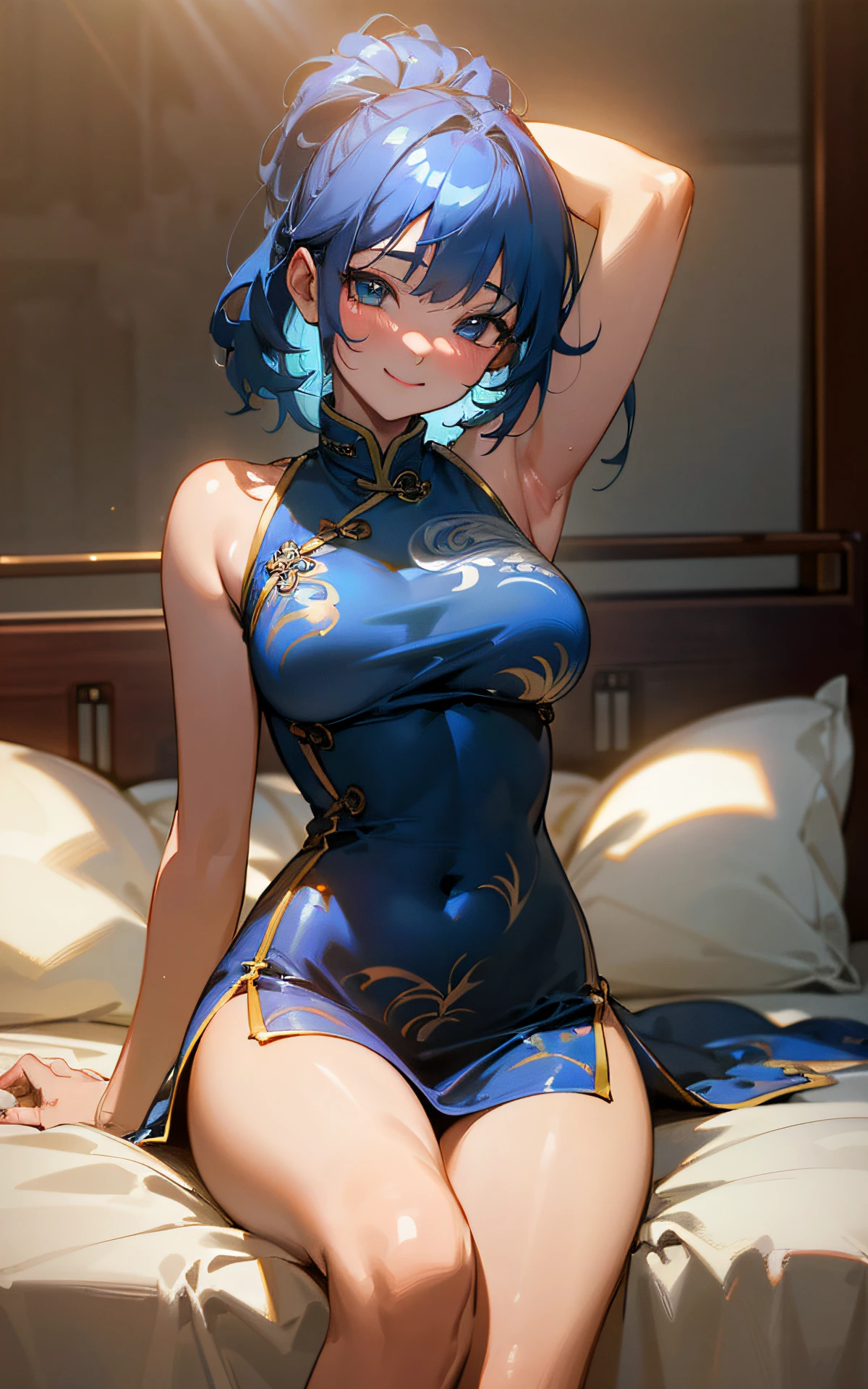 spread legs(Original Character、Unity 16K Wallpaper, Masterpiece, Best Quality, Ultra-Detailed, Extremely Detailed CG, Caustics, Cinematic Lighting, Detailed, Beautiful Detailed Eyes, solo), Ultra High Resolution, fine skin, (sexy china dress, curby、bed), (strong light)、((brighten the subject)),blush,oily skin,spread legs,blue hair,seductive smile