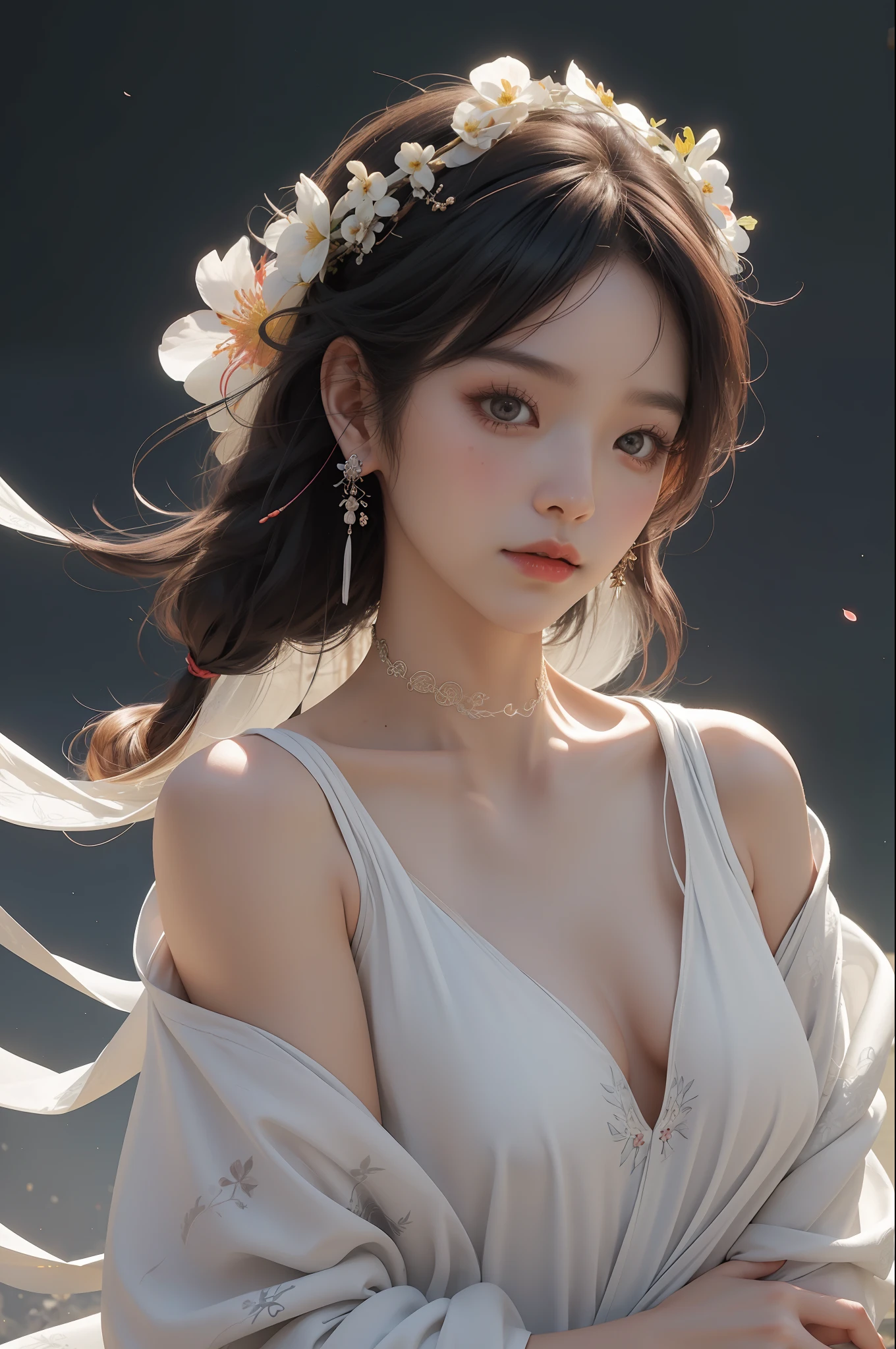 NSFW, Zhongfeng Hua, 1 Girl, Solo, Hanfu, ancient_chinese_architecture, Flower Garden, Flower Garden, Flower, (White Smoke:1.3) (Photorealistic:1.4), Zentangle, Mandala, Intertwined, Official Art, Unity 8K Wallpaper, Ultra Detailed, Beautiful and Aesthetic, Masterpiece,Top Quality, (Dynamic Angle:1.4), Glowing Skin, ( Floating colorful glow: 1) The most beautiful form of chaos, elegant, brutalist design, bright colors, half_naked, too beautiful outfit with beautiful accessories and many flowers, a storm of countless petals