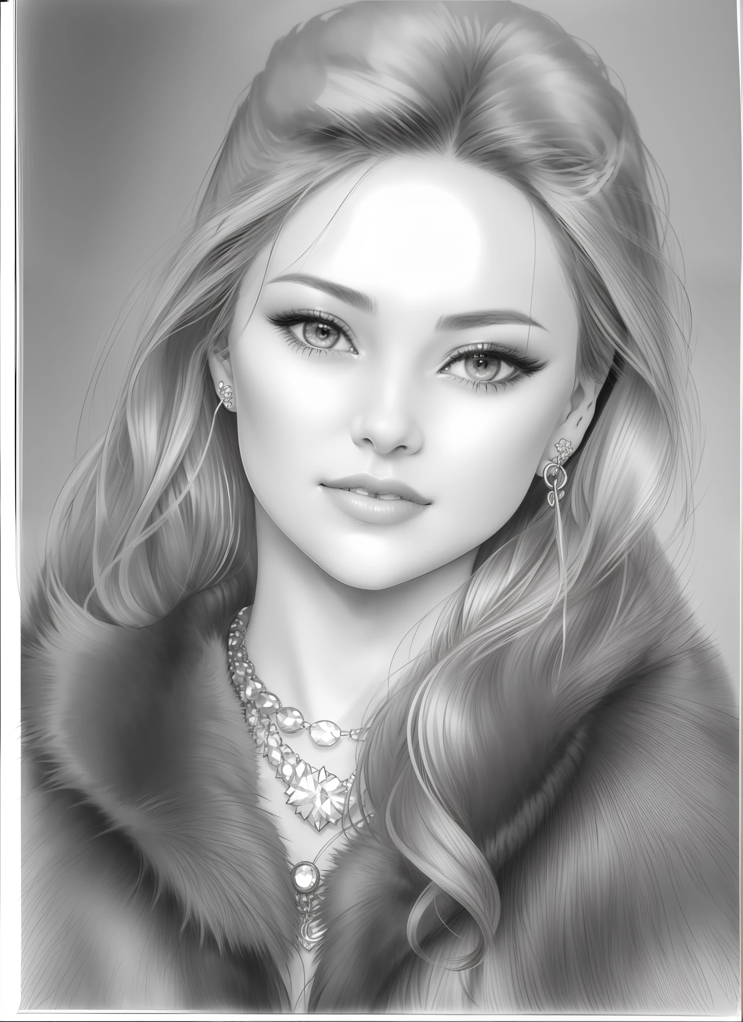 a drawing of a woman with a fur coat and earrings, realistic sketch, realism drawing, portrait of a cute girl, pencil draw, pencil drawing, detailed portrait, pencil sketch, portrait girl, realistic graphite, realistic portrait, traditional portrait, cute portrait, girl portrait, professional portrait drawing, realistic drawing, pencil art on paper, a pencil sketch, black and white graphite drawing