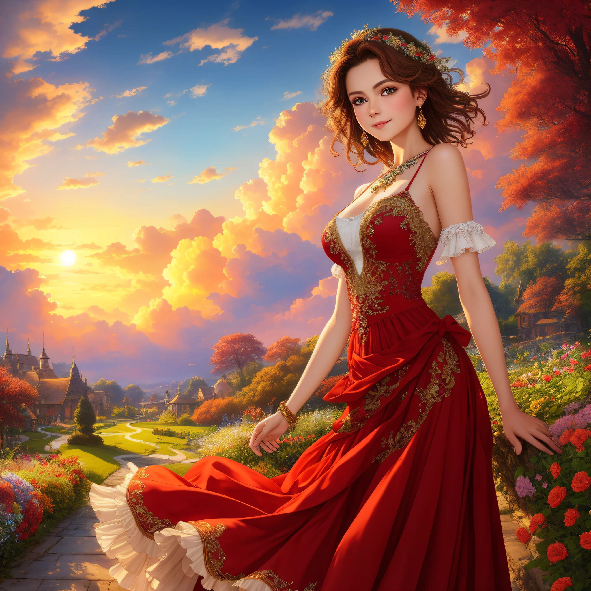 ((best quality)), ((masterpiece)), (detailed)), ((1girl)), beautiful eastern European woman, ethereal, partial smile, enchanting gaze, captivating pose, short brown hair, fabulously gorgeous red dress showing off her shoulders , otherworldly charm, mystical sky, (Luis Royo:1.2), sunrise in a garden, soft colors, (detailed clouds:1.3), (high resolution:1.2)