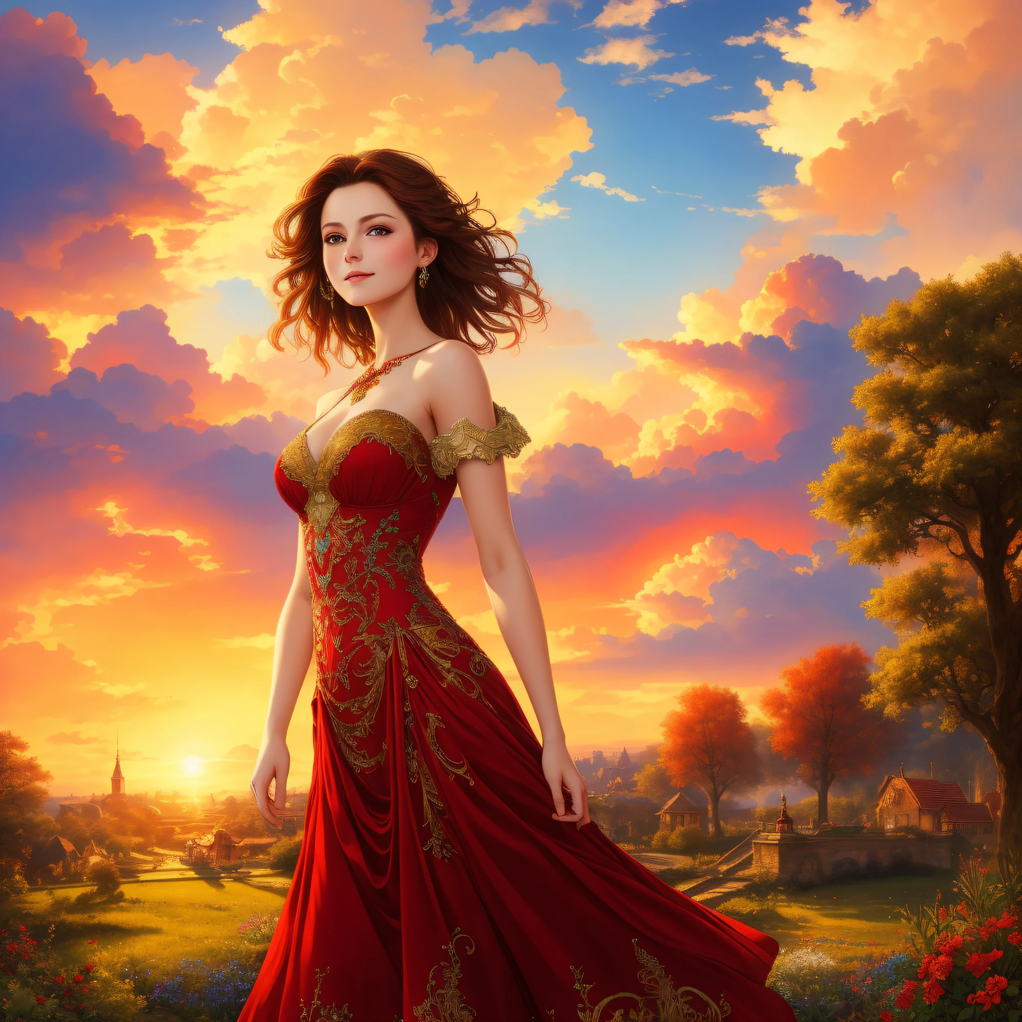 ((best quality)), ((masterpiece)), (detailed)), ((1girl)), beautiful eastern European woman, ethereal, partial smile, enchanting gaze, captivating pose, short brown hair, fabulously gorgeous red dress showing off her shoulders , otherworldly charm, mystical sky, (Luis Royo:1.2), sunrise in a garden, soft colors, (detailed clouds:1.3), (high resolution:1.2)