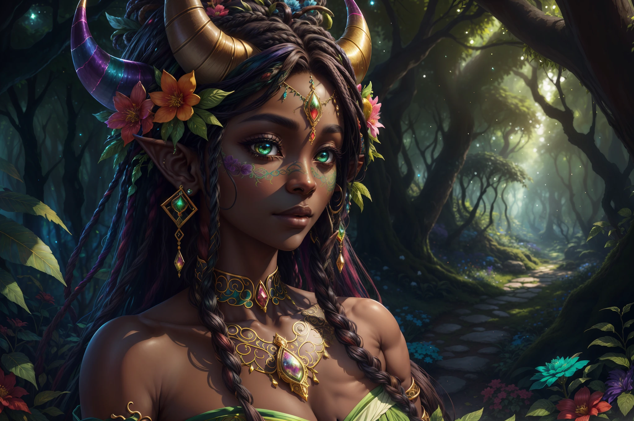 very saturated masterpiece of (((earth spirit druid dryad with ((dark skin)) and two small horns))), (small ornate horns), thin horns, beautiful horns, (shimmering delicate horns), african and japanese features, (((very ((wide and big)) nose))), (big nose), square jaw, hires hair, (very big lips), (exotic features), ((exotic face with strong african features)), strong jawline, soft full lips, (((ornate nature runes on skin))), (delicate nature runes on skin), (((dark hair))), ((part of nature)), petite, beautiful face, big eyes, ((beautiful eyes)), bright colored eyes, realistic, highly detailed eyes, ((unique face)), (extremely detailed eyes), 8k eyes, dramatic facial expressions, elegant hands, ((masterpiece)), (fantasy), fantasy magical forest background, soft lighting, dark green background, (evening lighting) background, (rich colors), deep shadows, artstation trending, midjourney painting, studio lighting, realistic skin texture, high resolution eyes, detailed, highly detailed, small details, hires eyes, magical atmosphere, bold colors, (fantasy atmosphere), (realistic proportions), late evening light, style:dramatic, (mature), (fine lines on face), pretty colors, fantasy colors, (simple clothes), (simple dress), nature circlet, silk, (((simple))), (stunning), (((masterpiece))), huge mossy tree in background, huge tree in background with falling leaves, (detailed background), flowered background, dark green and pink background, ((colorful fantasy forest background)), (boldly colored flowers entwined in hair), dreadlocks, thin dreadlocks with moss, (ornate mossy dreadlocks), ((multicolored flowers)), (((rich colored flowers))), ((pretty flowers)), elegant flowers, intricate flowers, clusters of small flowers in hair, (dark green, teal, purple, pink, orange, deep red, bright blue, glowing lime green flowers), jeweled butterflies, big butterflies, glowing lights, (shimmer), (glimmer), , glimmering body jewels, body glimmer, (solo), very defined eyes