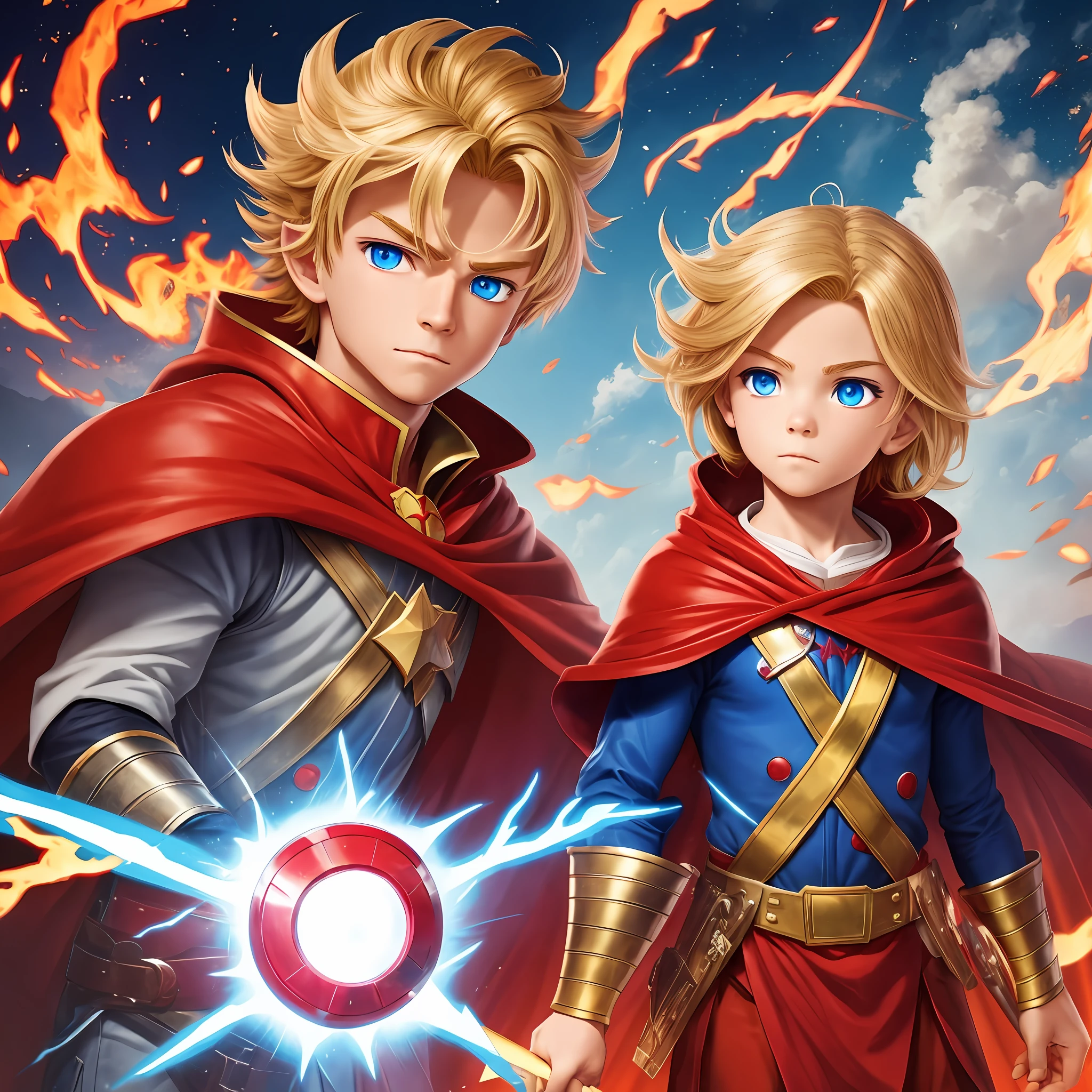 Hero-like character, with red cape, blonde hair, blue eye, for children's book story with title The Little Hero of the Kingdom of Toys --auto --s2