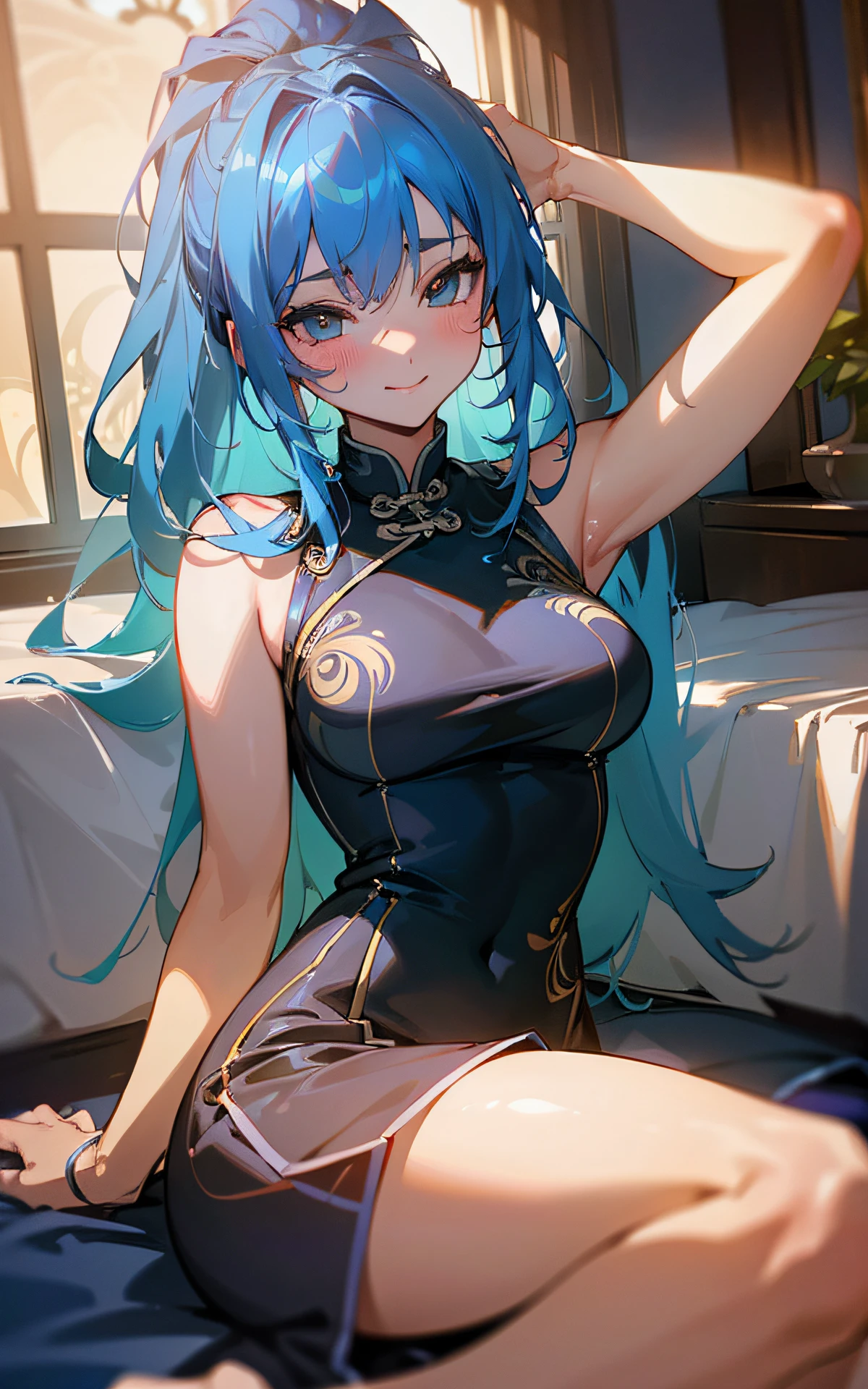 spread legs(Original Character、Unity 16K Wallpaper, Masterpiece, Best Quality, Ultra-Detailed, Extremely Detailed CG, Caustics, Cinematic Lighting, Detailed, Beautiful Detailed Eyes, solo), Ultra High Resolution, fine skin, (sexy china dress, curby、bed), (strong light)、((brighten the subject)),blush,oily skin,spread legs,blue hair,seductive smile