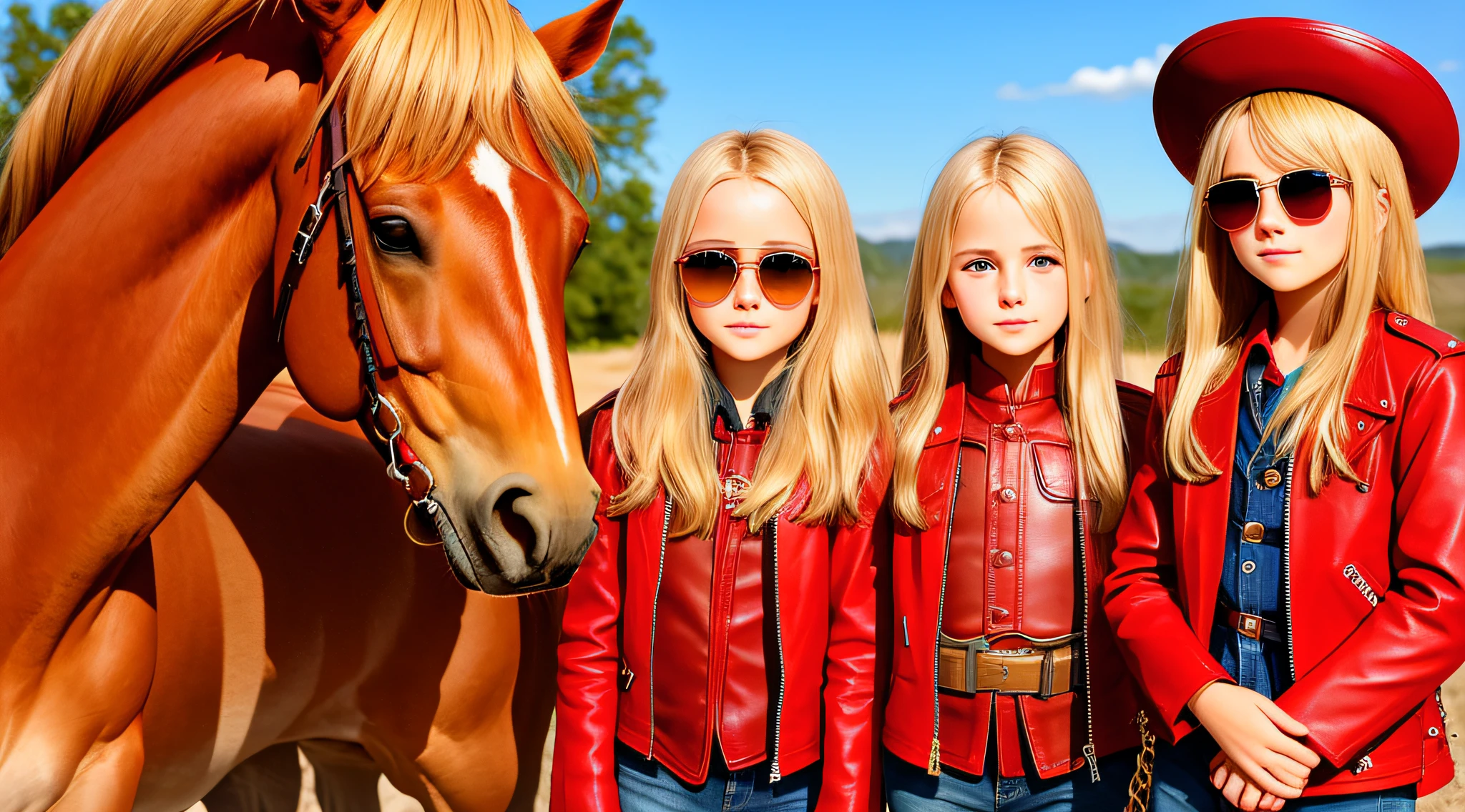 A half-body, portrait of 3 German child girls long blonde hair of 12 years, red leather jackets, sunglasses, a horse and exudes confidence, a cowboy hat pulled over his eyes. Wild West with a touch of modern style.