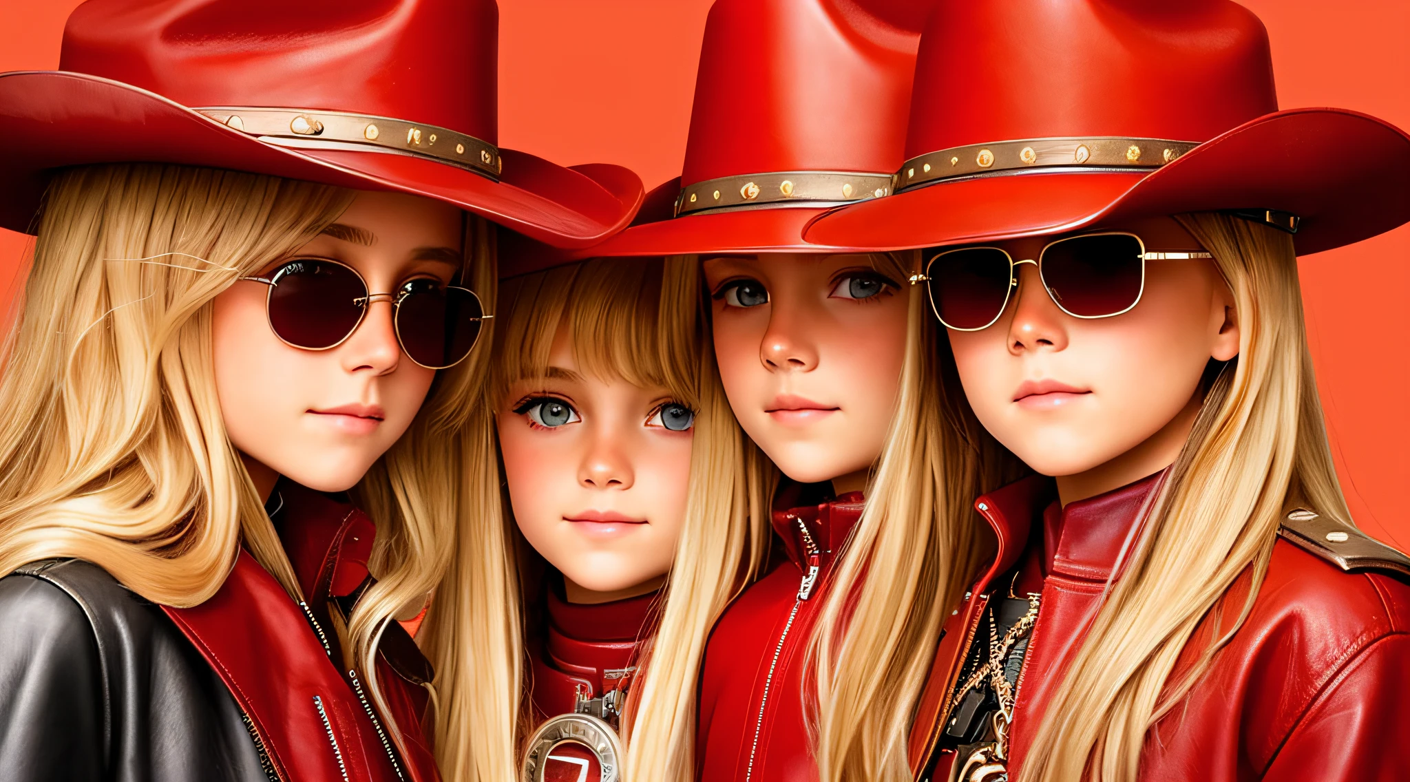 A half-body, portrait of 3 German ***** girls long blonde hair of ********, red leather jackets, sunglasses, a horse and exudes confidence, a cowboy hat pulled over his eyes. Wild West with a touch of modern style.