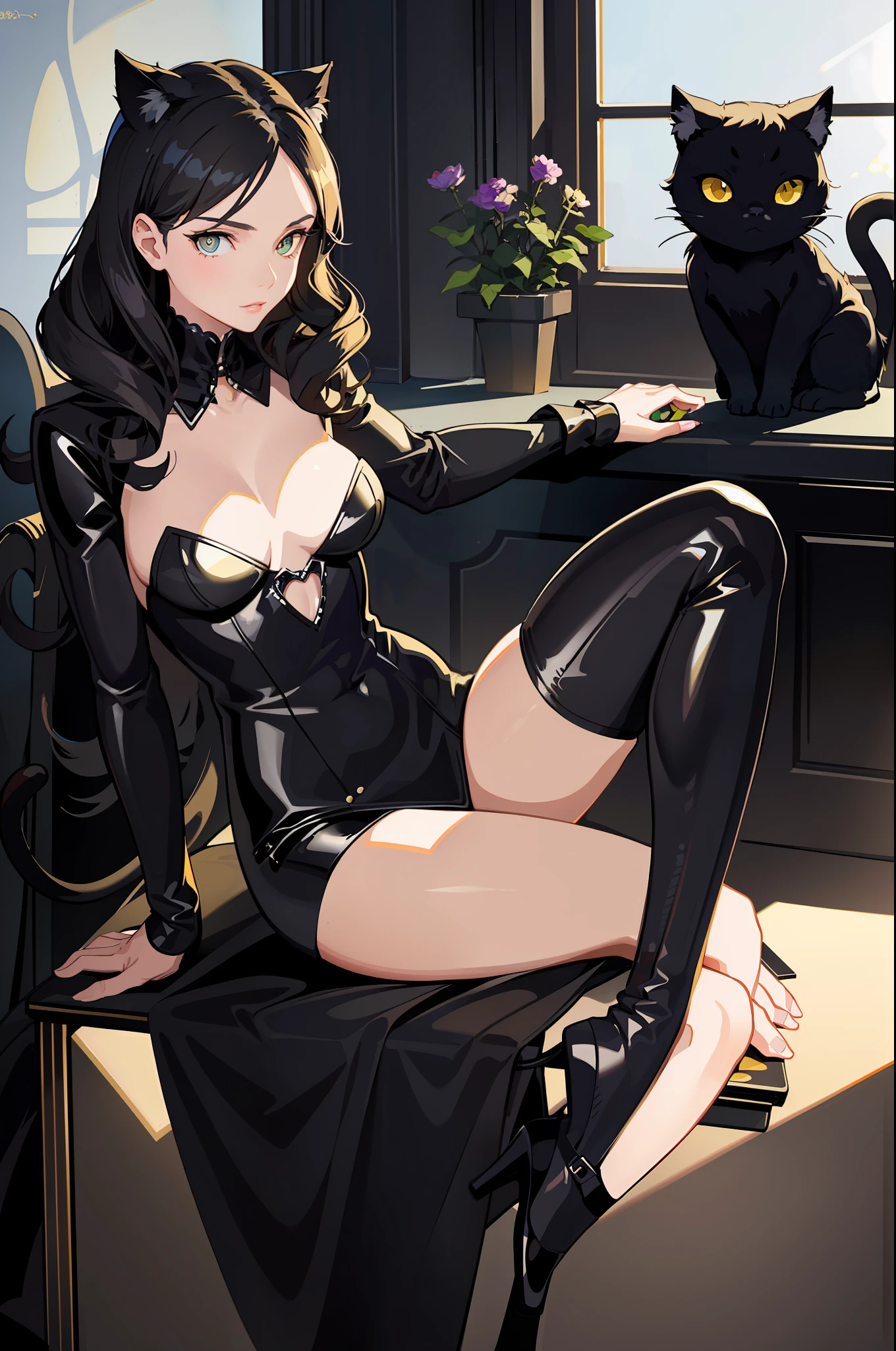 (Masterpiece, Side Light, Delicate Eyes: 1.2), Catwoman sitting at her desk in her school uniform, medium-long curly black hair, shiny yellow cat's eyes